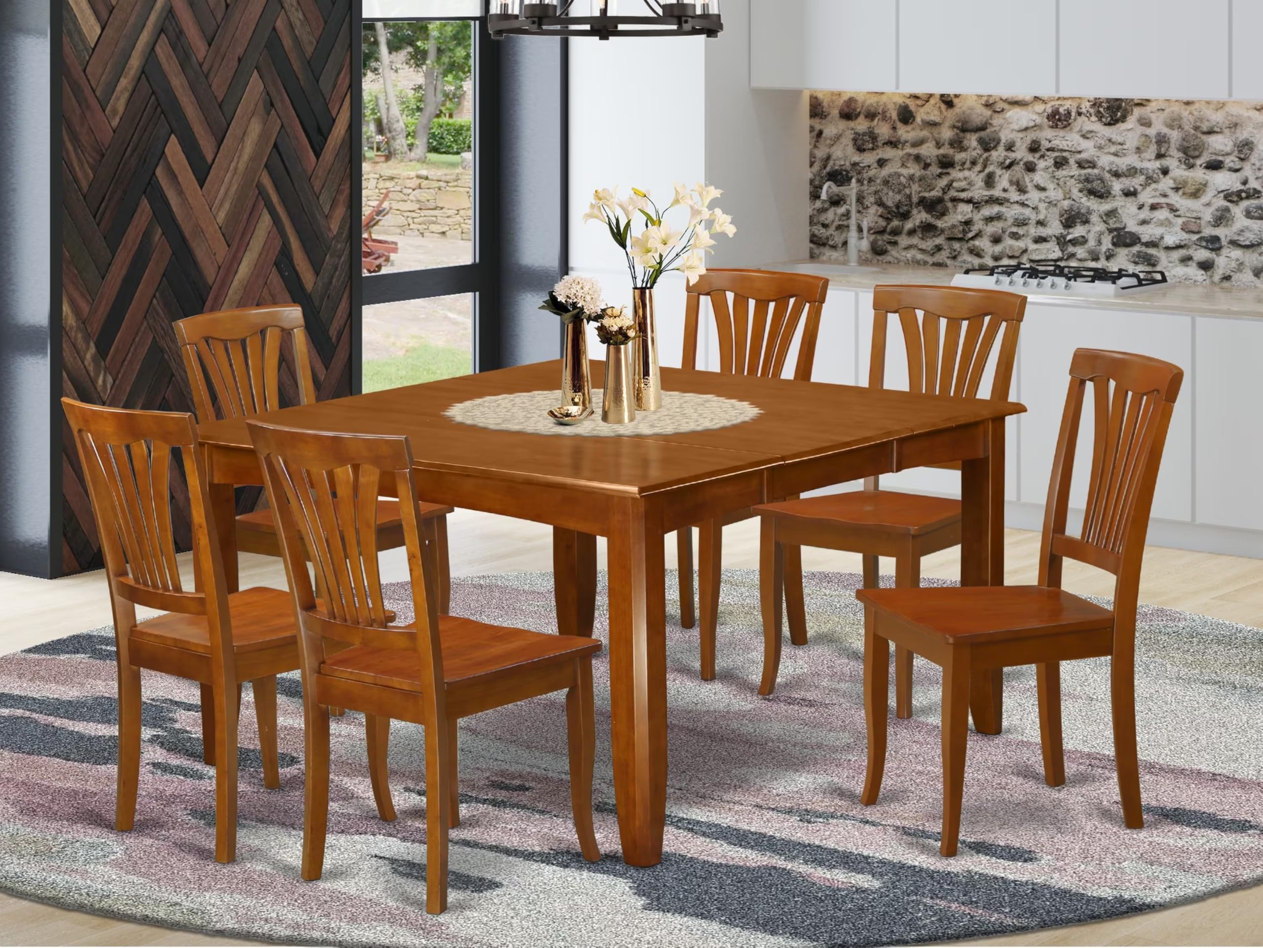 East West Furniture PFAV7-SBR-W 7 Piece Dining Table Set Consist of a Square Dining Room Table with Butterfly Leaf and 6 Wooden Seat Chairs, 54x54 Inch, Saddle Brown