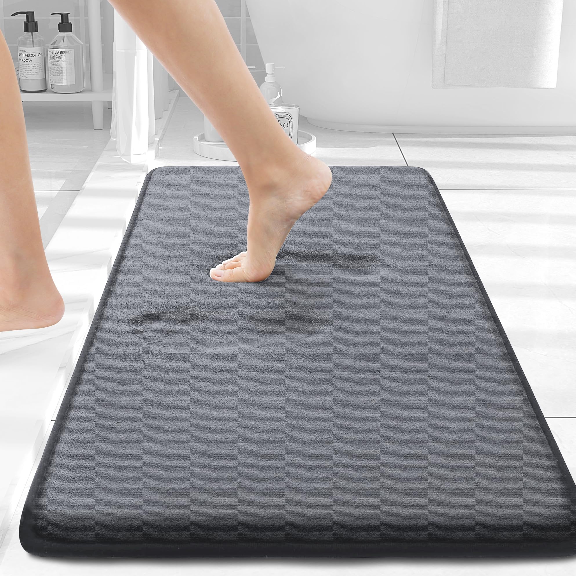 Smiry Memory Foam Bath Mat 24 x 16, Extra Soft Absorbent Bathroom Rugs Non Slip Bath Rug Runner for Shower Bathroom Floors, Dark