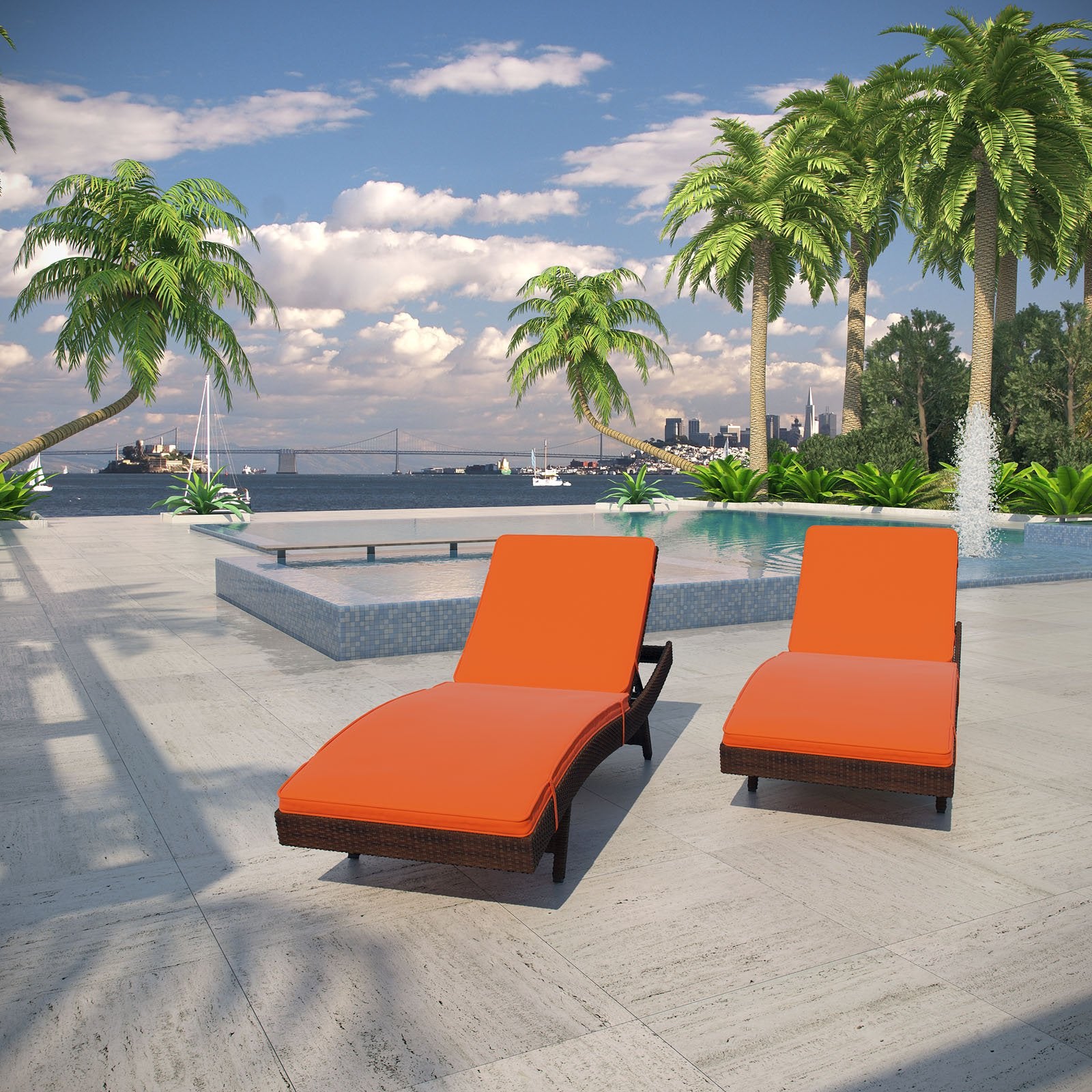 LexMod Peer Outdoor Wicker Chaise Lounge Chair with Brown Rattan and Red Cushions