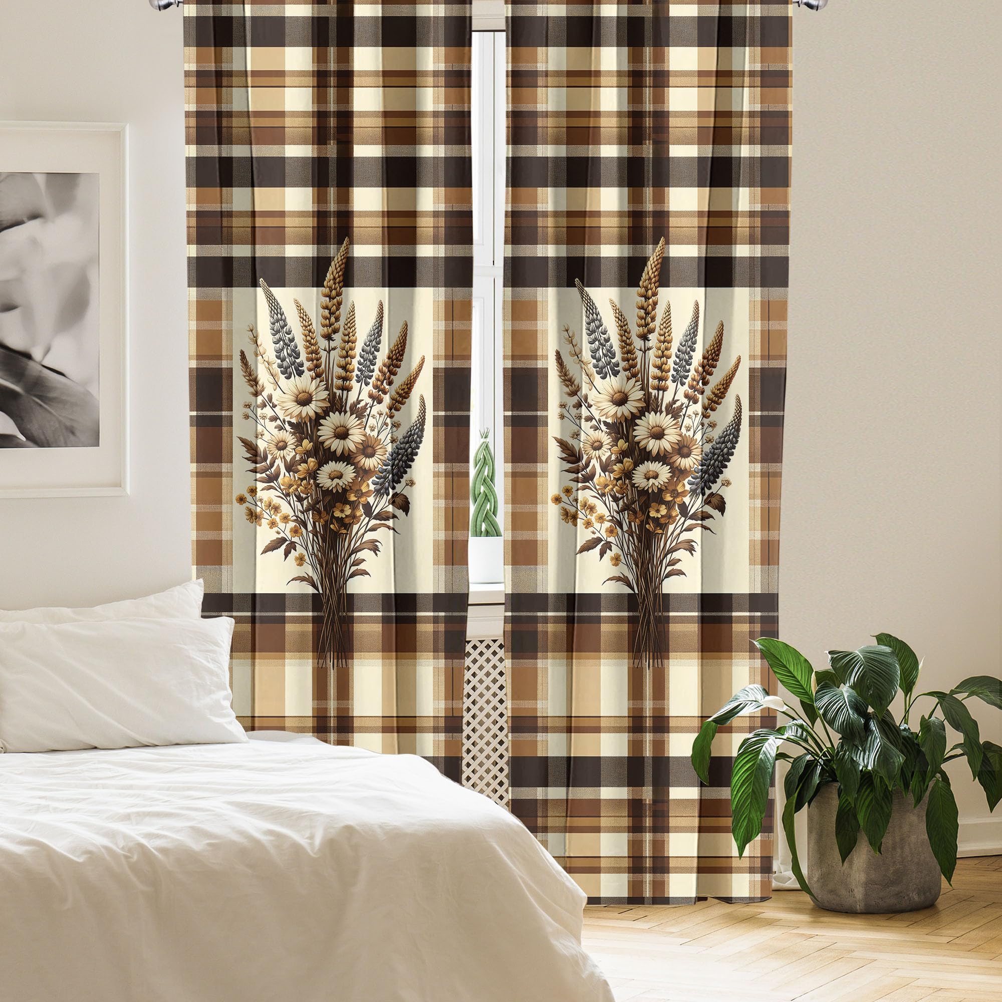 Ambesonne Autumnal Window Curtains Pack Of 2, Earthy Fall Tone Leafy Floral Bouquet Illustration With Tartan Plaid Back, Lightwe