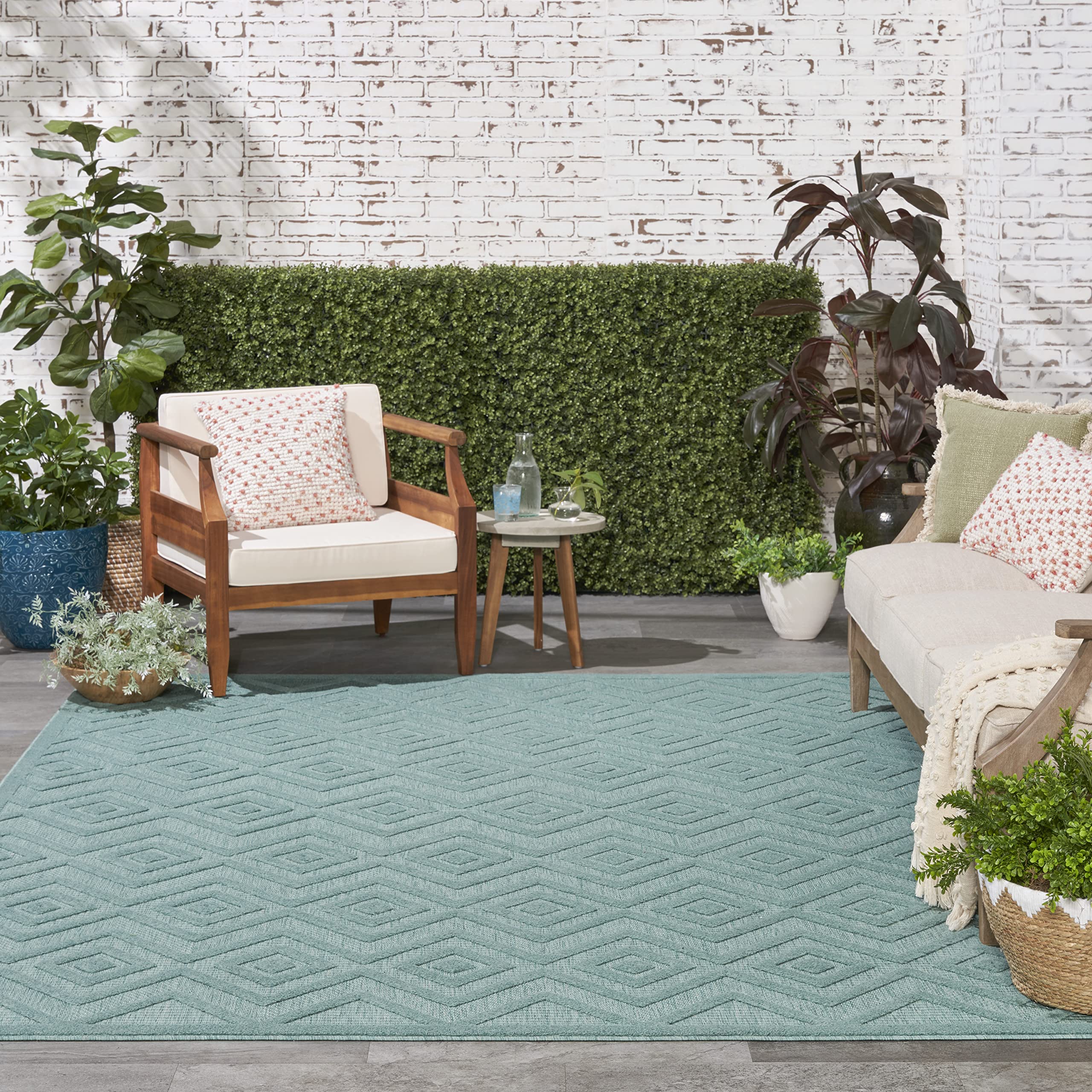 Nourison Versatile Indoor/Outdoor Aqua/Teal 7' X 10' Area Rug, Easy Cleaning, Non Shedding, Bed Room, Living Room, Dining Room, Deck, Backyard, Patio, High Traffic Area (7X10)