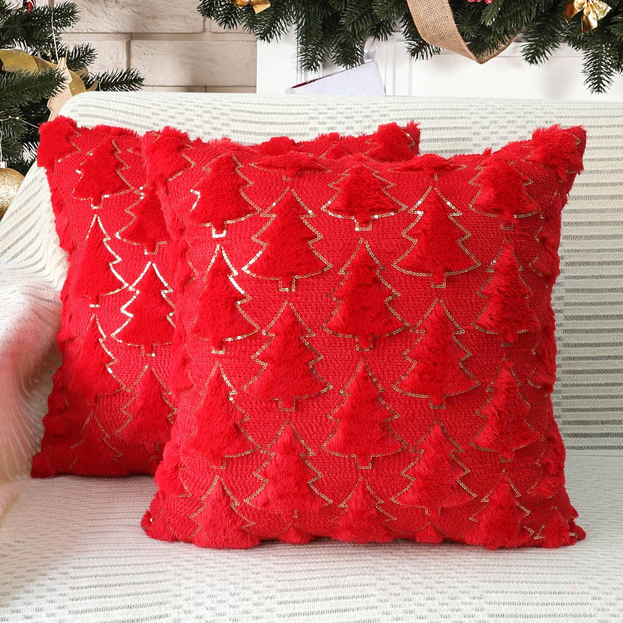 4Th Emotion Christmas Tree Decorative Pillow Covers 18X18 Set Of 2, Red Soft Plush Faux Fur Farmhouse Throw Cushion Cases For Xm