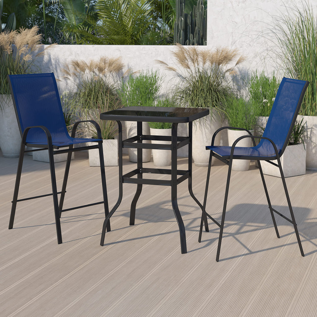 Flash Furniture Brazos Bar Table Set - 3 Piece Glass Brazos Bar Table with 2 Navy Patio Bar Stools - Brazos Outdoor Chairs