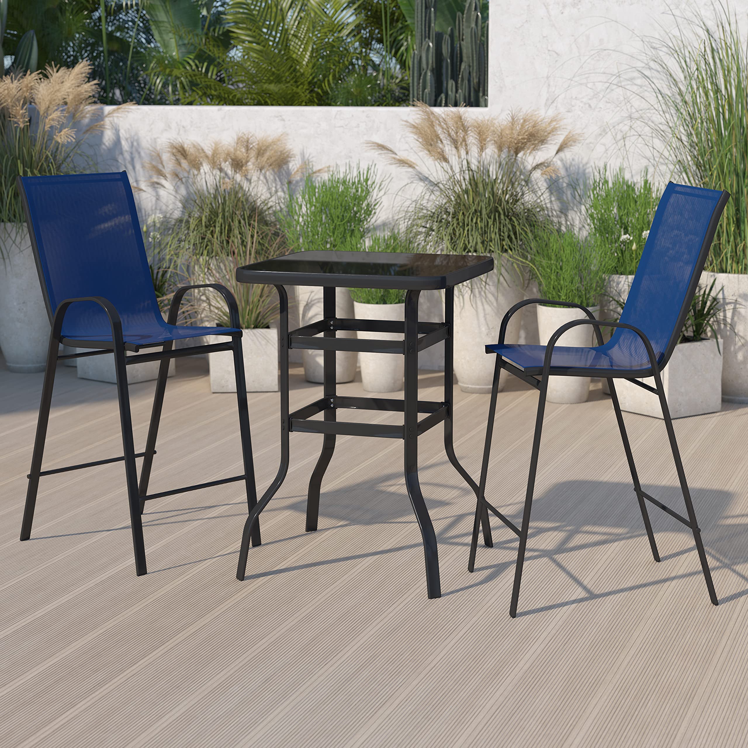 Flash Furniture Brazos Bar Table Set - 3 Piece Glass Brazos Bar Table with 2 Navy Patio Bar Stools - Brazos Outdoor Chairs