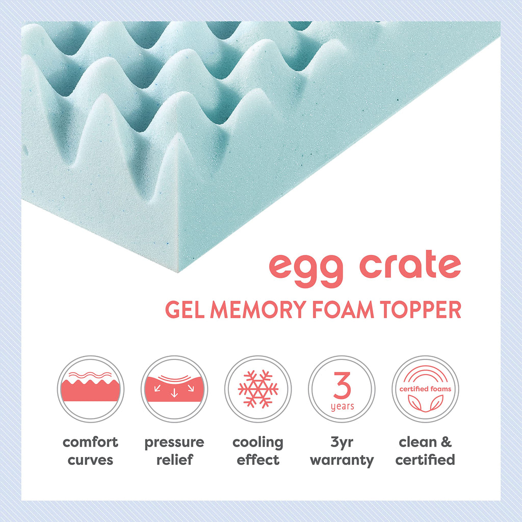Best Price Mattress 2 Inch Egg Crate Memory Foam Mattress Topper, Cooling Gel Infusion, Queen, Blue