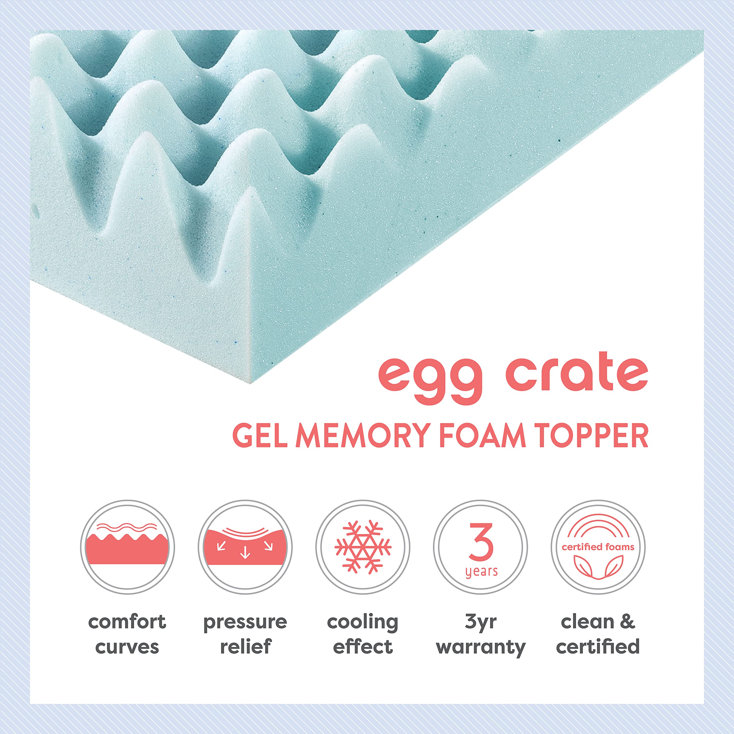 Best Price Mattress 2 Inch Egg Crate Memory Foam Mattress Topper, Cooling Gel Infusion, Queen, Blue