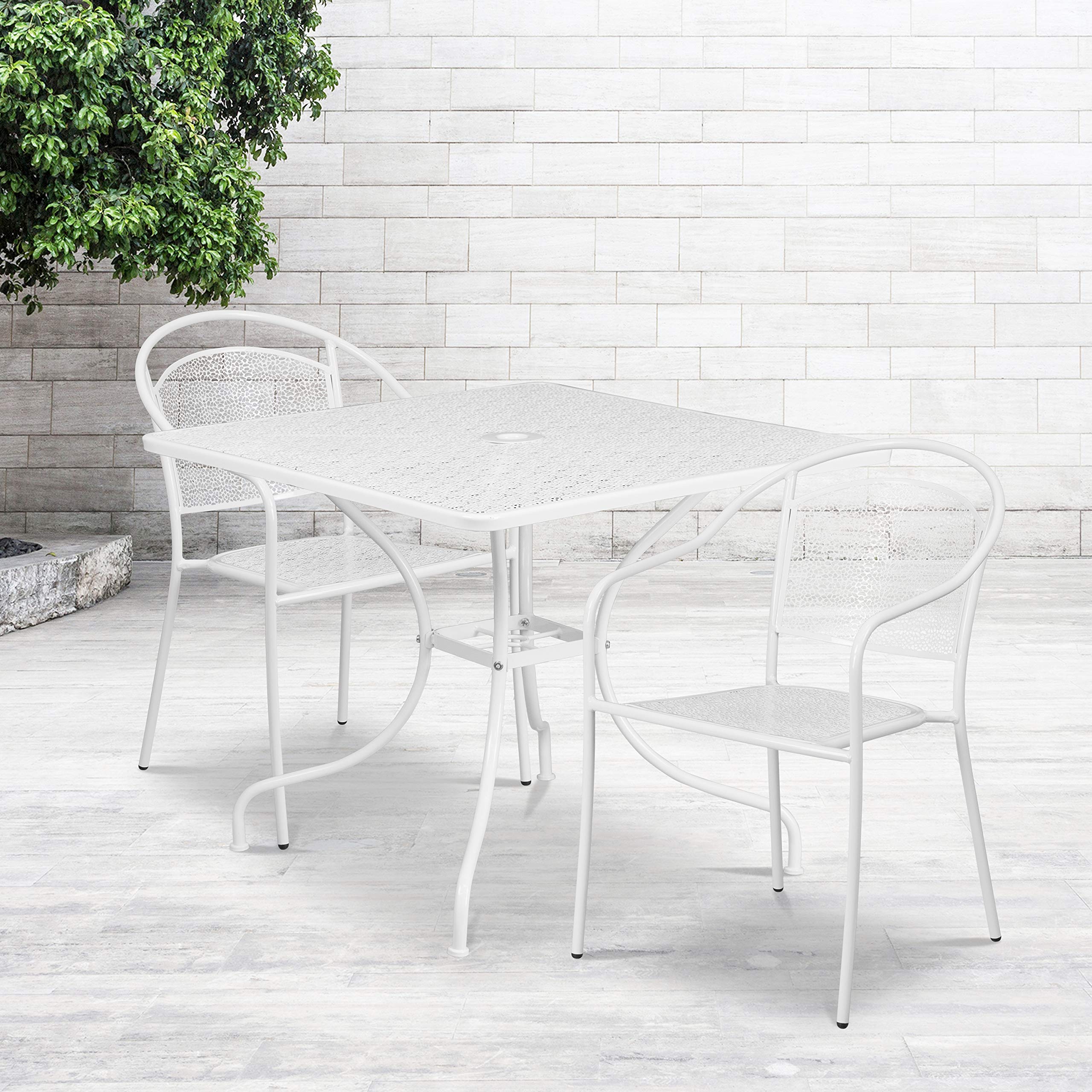 Flash Furniture Oia Commercial Grade 35.5' Square White Indoor-Outdoor Steel Patio Table Set With 2 Round Back Chairs