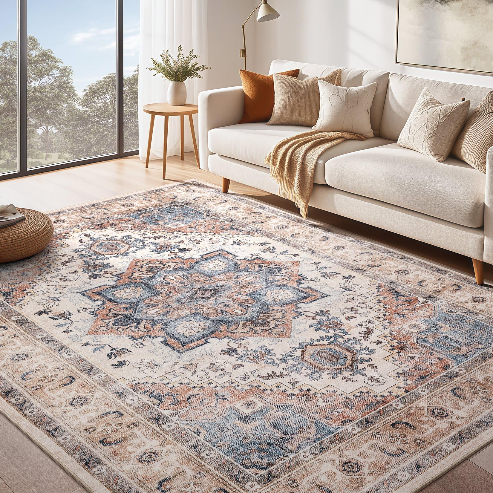 Washable Rug 8x10 Area Rugs: Boho Vintage Distressed Oriental Medallion Neutral Thin Large Rug Carpet for Living Room Bedroom Di