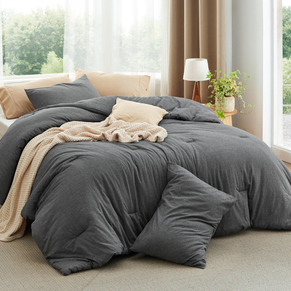 Bedsure Comforter Set King Size Dark Grey - Cotton Fabric With Microfiber Inner Fill, King Comforter Set For All Seasons, 3 Piec