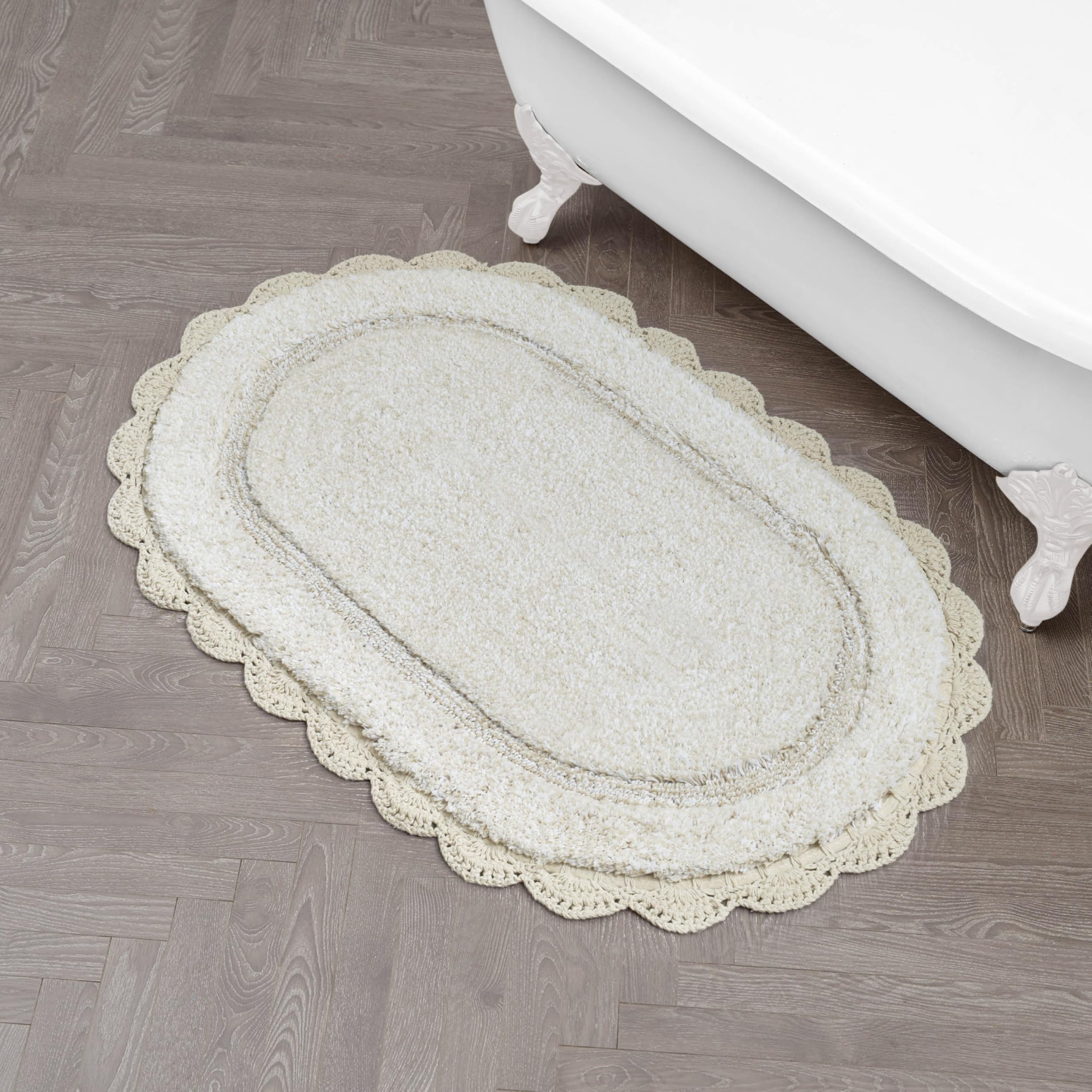 Laura Ashley Eloise 100% Cotton Oval Bath Mat with Crochet Border, Soft & Absorbent, Sandshell Beige 21 x 34 Bathroom Rug