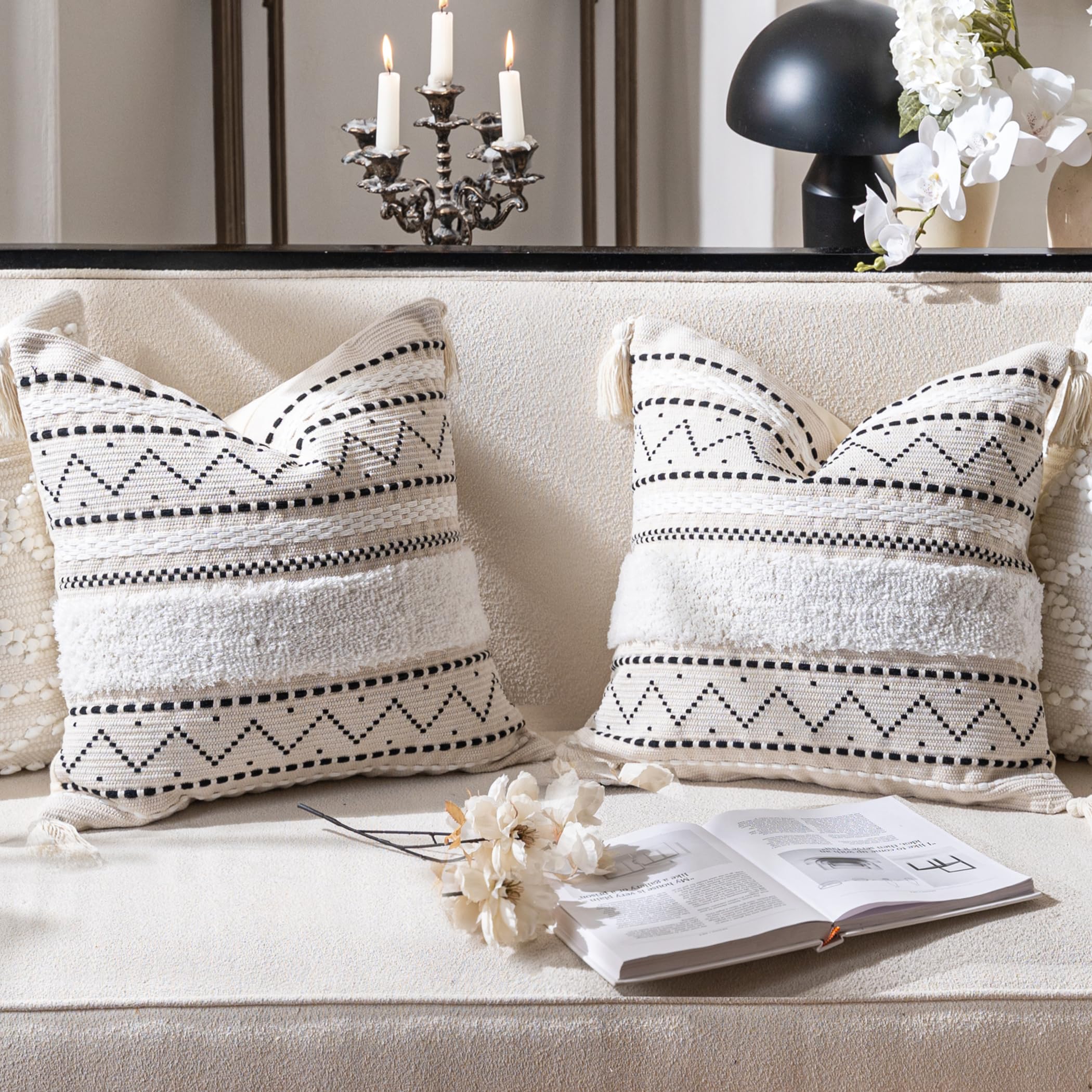 Blissblush Decorative Throw Pillow Cover 20X20 Combo Set Of 2 Square Boho Black Neutral Accent Pillowcase Tassels Farmhouse Cush