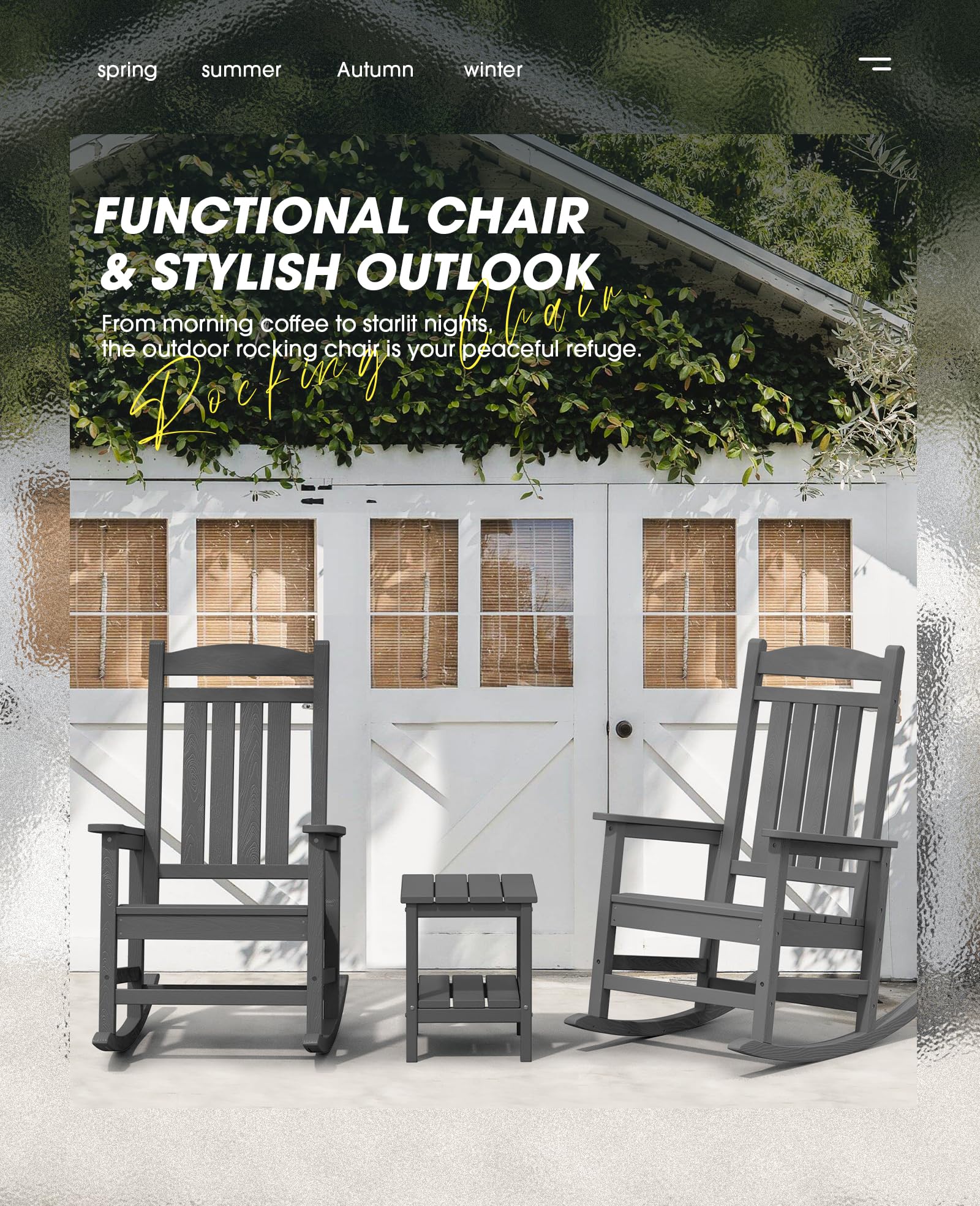 Kingyes Outdoor Rocking Chairs, Hdpe All-Weather Patio Rocking Chairs High Back Porch Rocker For Adult, Gray