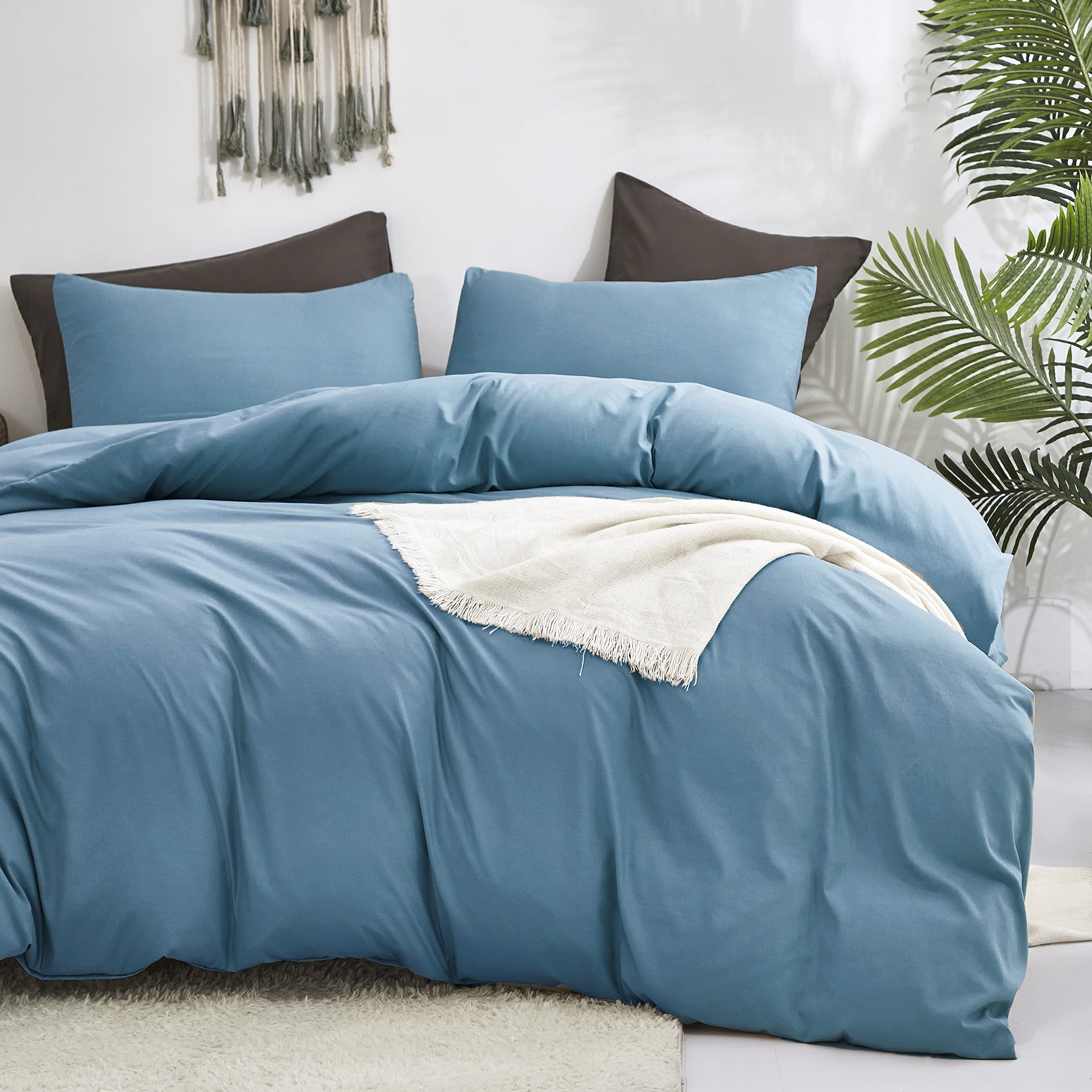 Luxlovery Blue Comforter Set Twin Men Women Solid Lake Blue Bedding Comforter Set Dark Color Quilts Blanket Cotton Soft Breathab