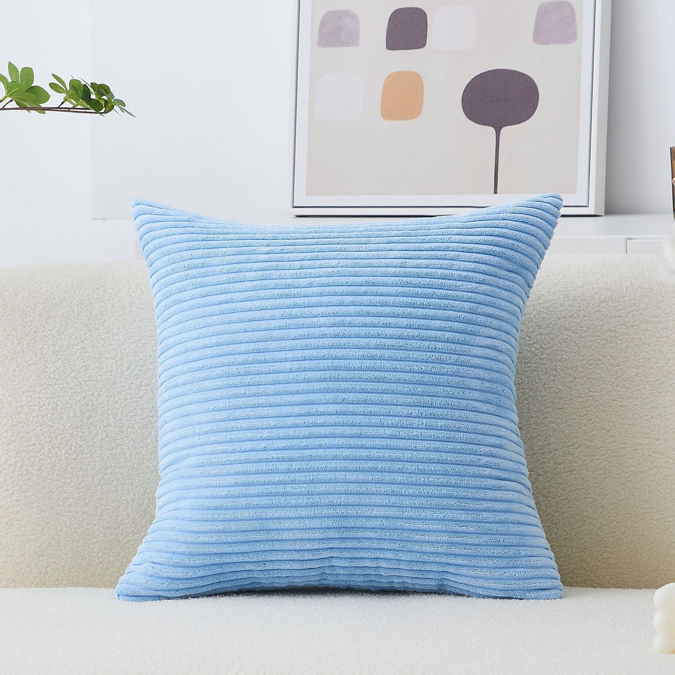 Home Brilliant Pillow Cover 20X20 Blue Corduroy Striped Throw Pillows For Couch Square Plush Cushion Case For Baby'S Room Or Nur