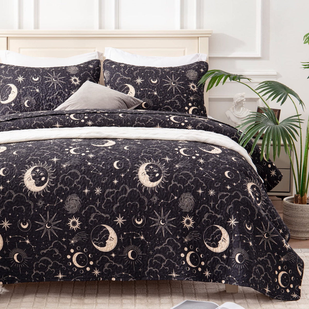 Exq Home Quilt Set Full Queen Size Black Print 3 Piece,Lightweight Soft Coverlet Modern Style Sun Starry Pattern Bedspread Set(1