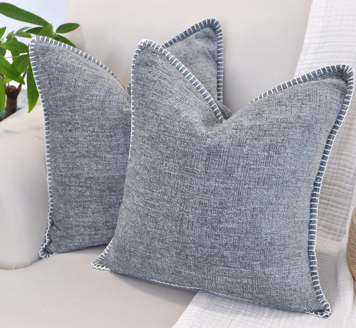 18X18 Pillow Case Covers For Couch Pillows Ash Grey Set Of 2, Decorative Stitched Border Soft Textured Cozy Gray Chenille Cushio