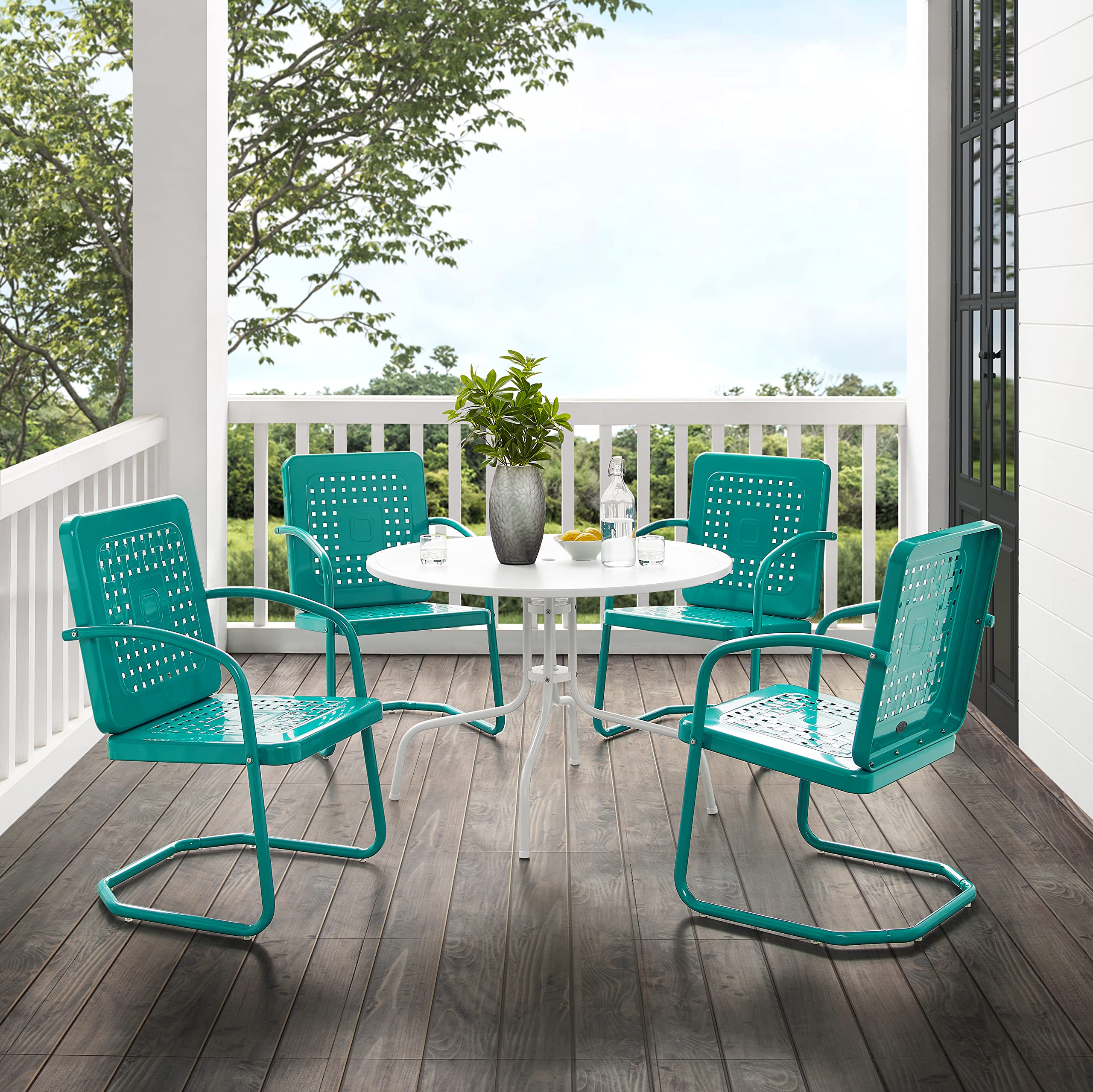 Crosley Furniture Bates 5-Piece Outdoor Dining Set for 4, Retro Metal Round Patio Table and Chairs for Deck, Turquoise Gloss