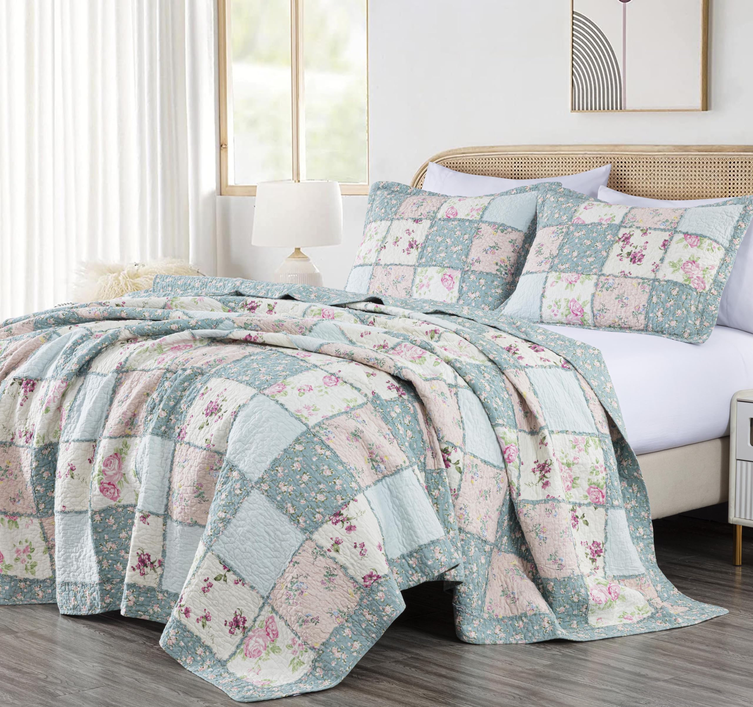 Chezmoi Collection Abbi 3-Piece Shabby Chic Bedding Queen Quilt Set Pre-Washed Cotton Floral Coverlet Bedspread Ruffled Patchwor