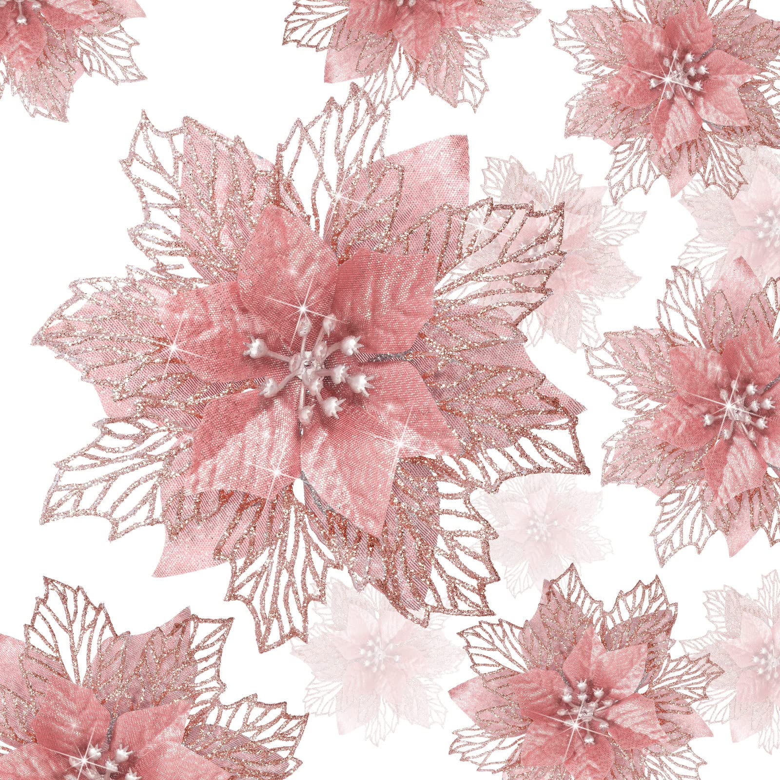 24 Pieces Christmas Glitter Poinsettia Flowers Layered Artificial Xmas Flowers Wedding Christmas Tree New Year Ornaments (Rose G