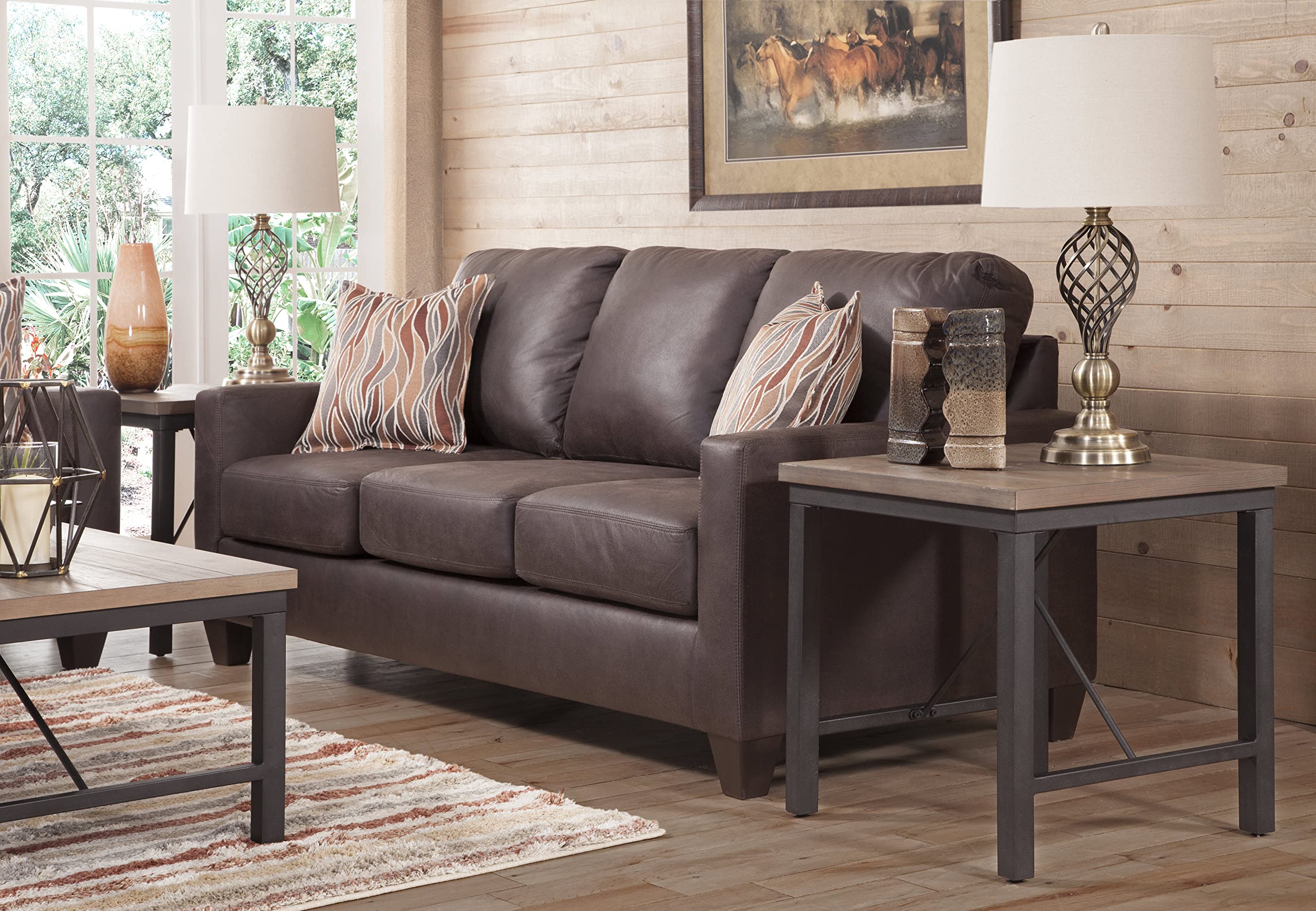 American Furniture Classics Model 8-010-A7V2 Square Arm Sofa In Pinto Brown Faux Leather With Two Accent Pillows