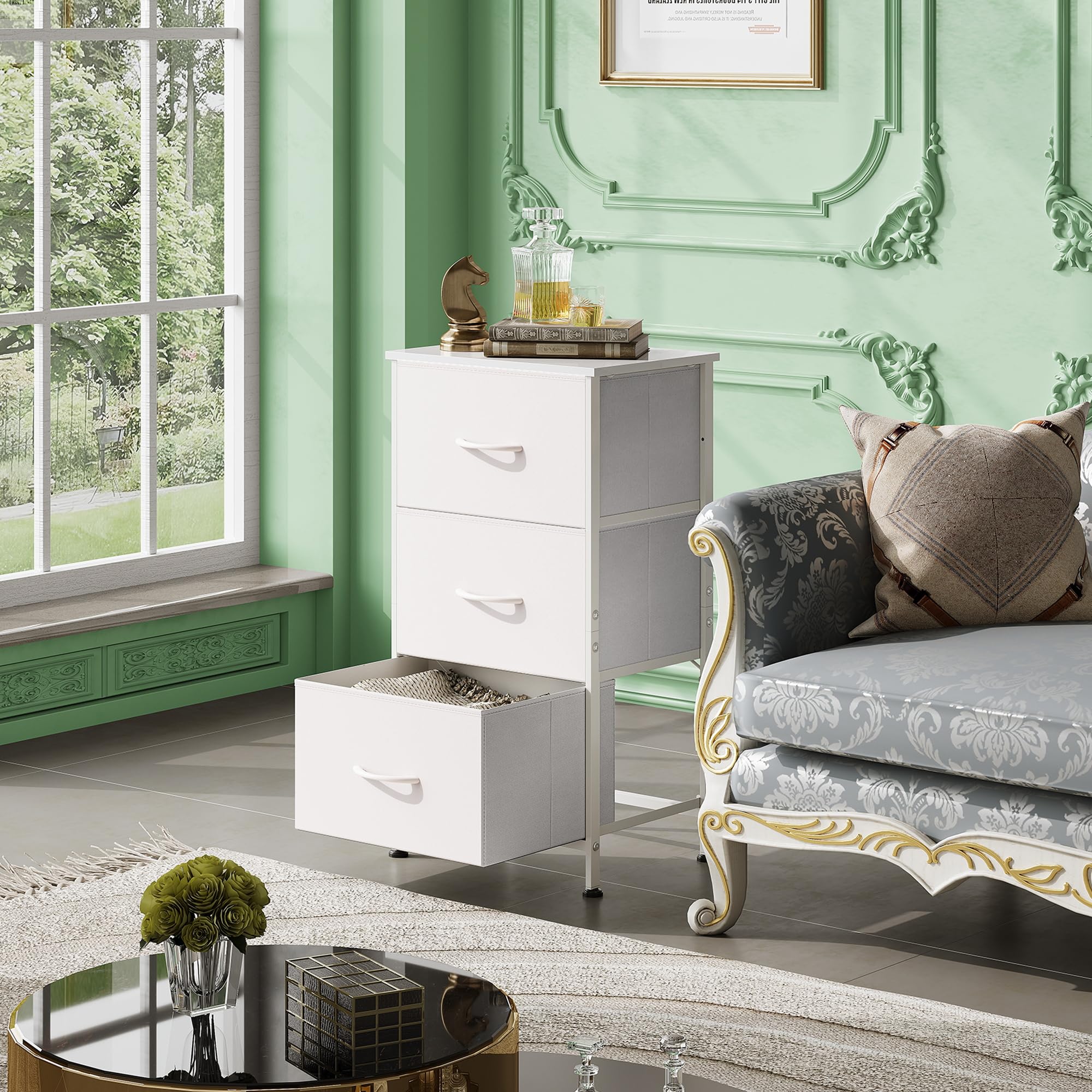 Wlive Nightstand With 3 Drawers, Fabric Dresser, Organizer Unit, Storage Dresser For Bedroom, Hallway, Entryway, Closets, Sturdy Steel Frame, Wood Top, Easy Pull Handle, White