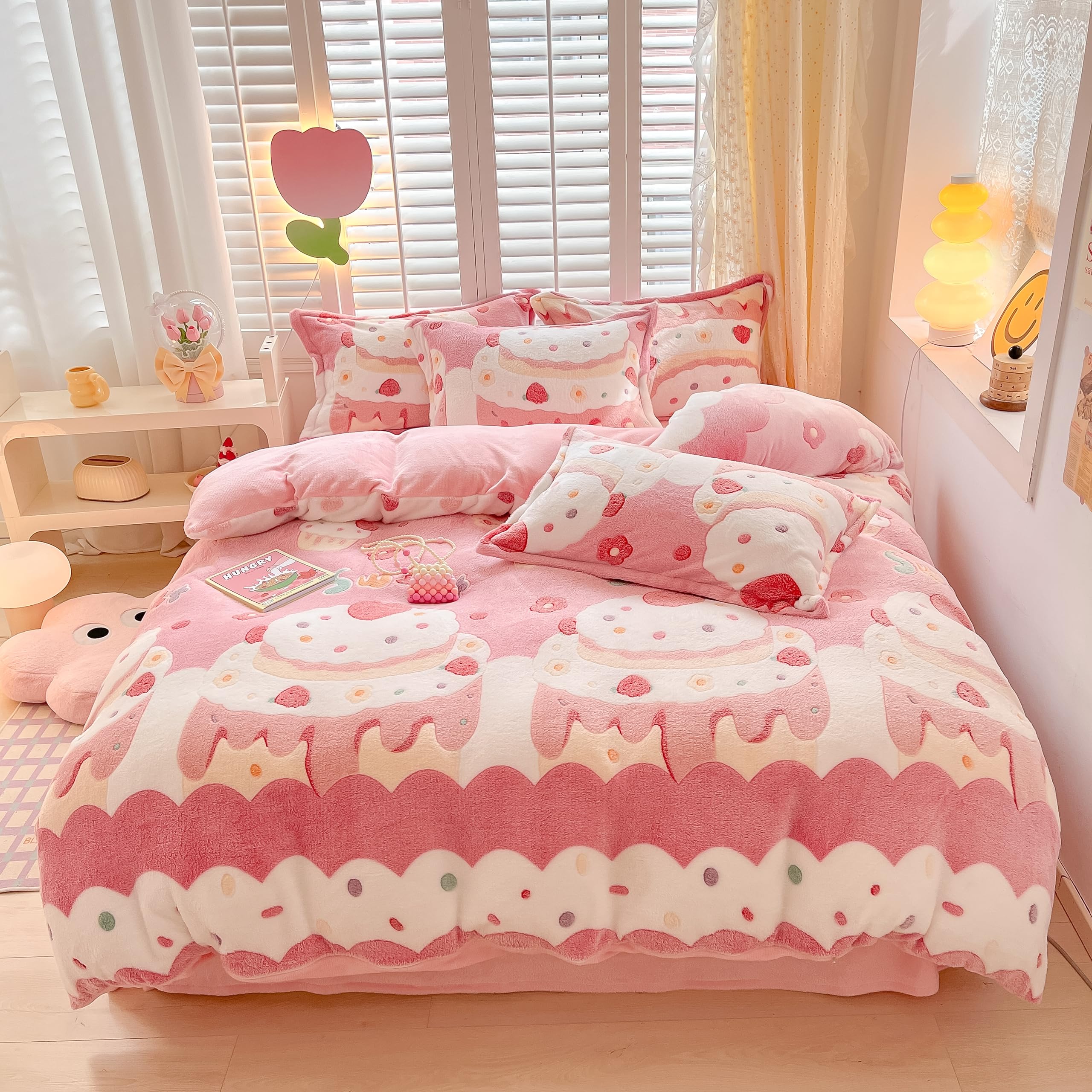 Morromorn Pink Duvet Cover Queen, Cream Cake Kawaii Bedding Sets, Fluffy Comforter Covers Set, Down Alternative Blanket Ultra So