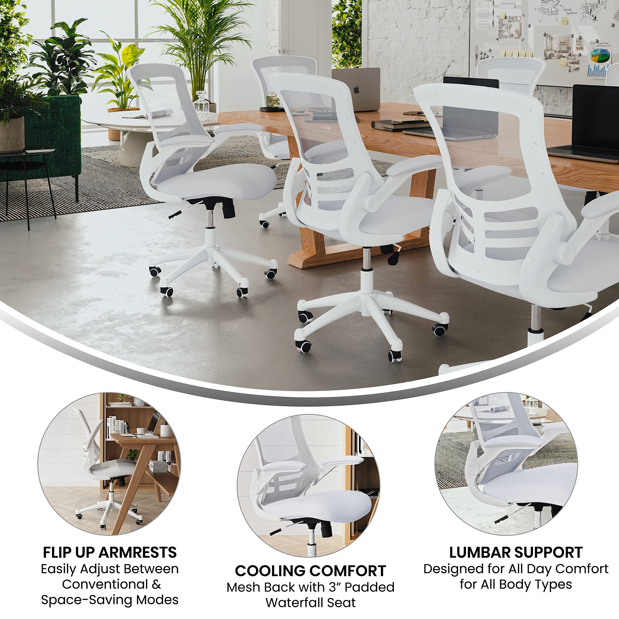 Flash Furniture Kelista Mid-Back Swivel Office Chair with Adjustable Lumbar Support and Seat Height, Ergonomic Mesh Desk Chair with Flip-Up Armrests, White