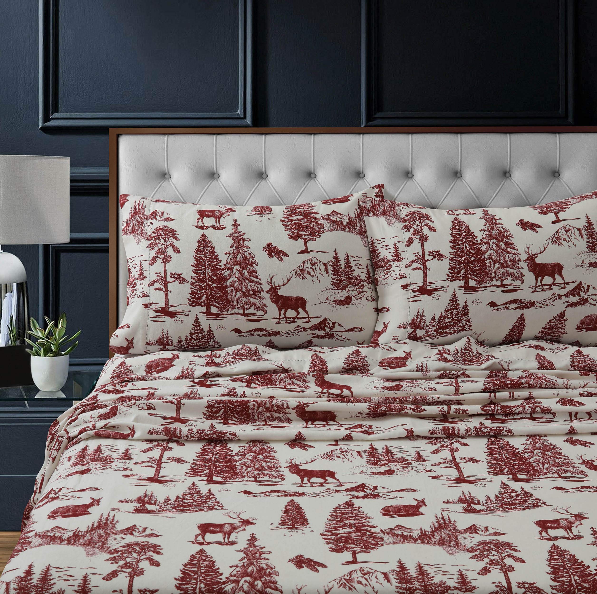 Tribeca Living 100% Cotton Flannel Sheet Set - 200 Gsm, Deep Pocket, Ultra Soft & Cozy, Queen, Deer Toile Deep Red