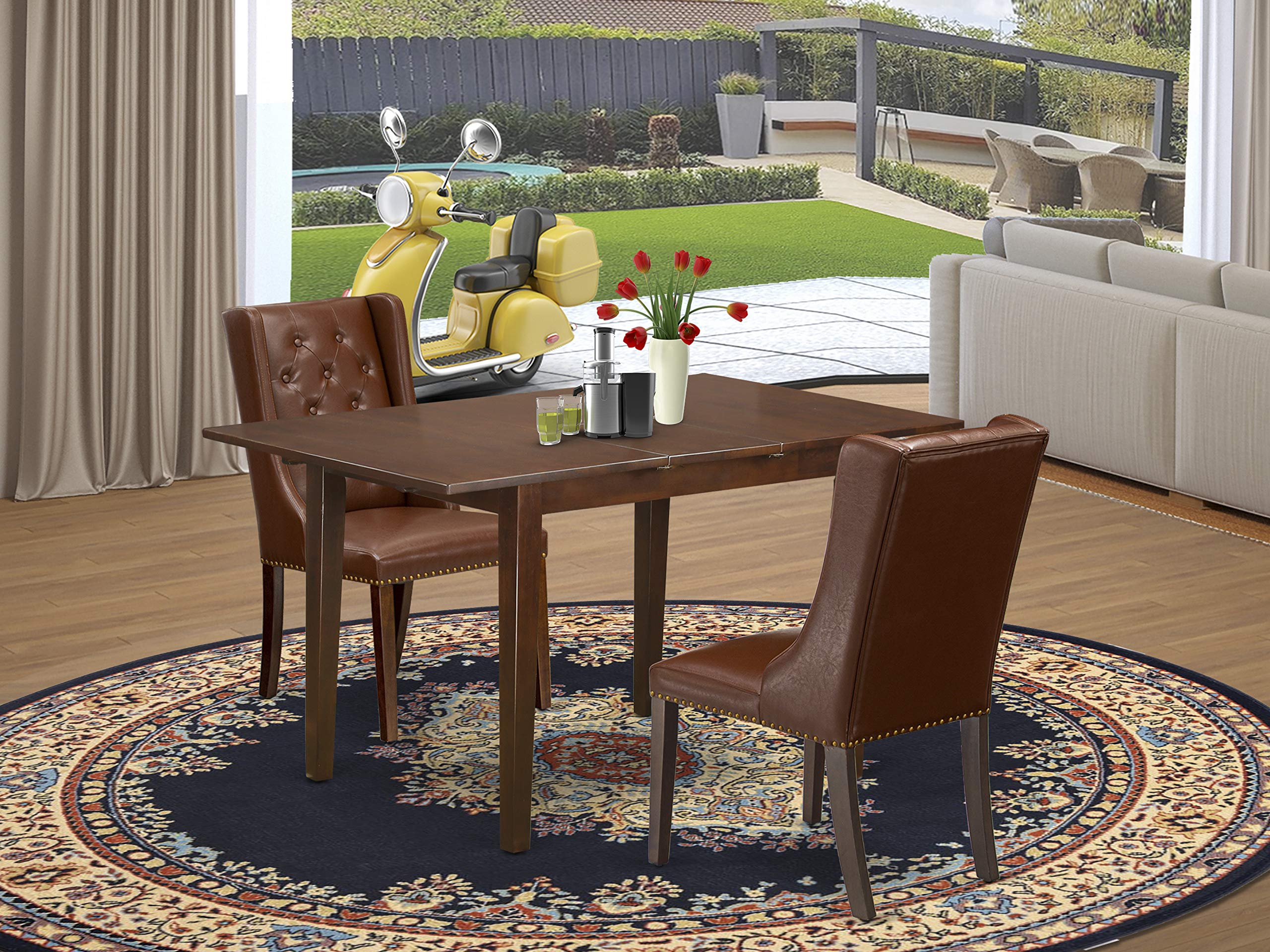 East West Furniture PSFO3-MAH-46 3 Piece Dining Table Set Contains a Rectangle Dinner Table with Butterfly Leaf and 2 Brown Faux Faux Leather Upholstered Chairs, 32x60 Inch, Mahogany
