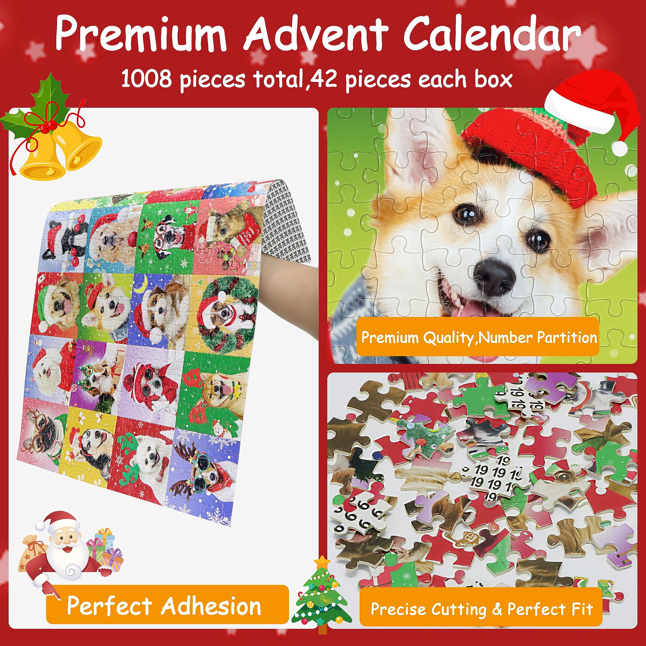 Advent Calendar 2024 Jigsaw Puzzles-Christmas Dogs, 24 Boxes 1008 Pieces Puzzles Countdown To Christmas, Christmas Gifts Stockin