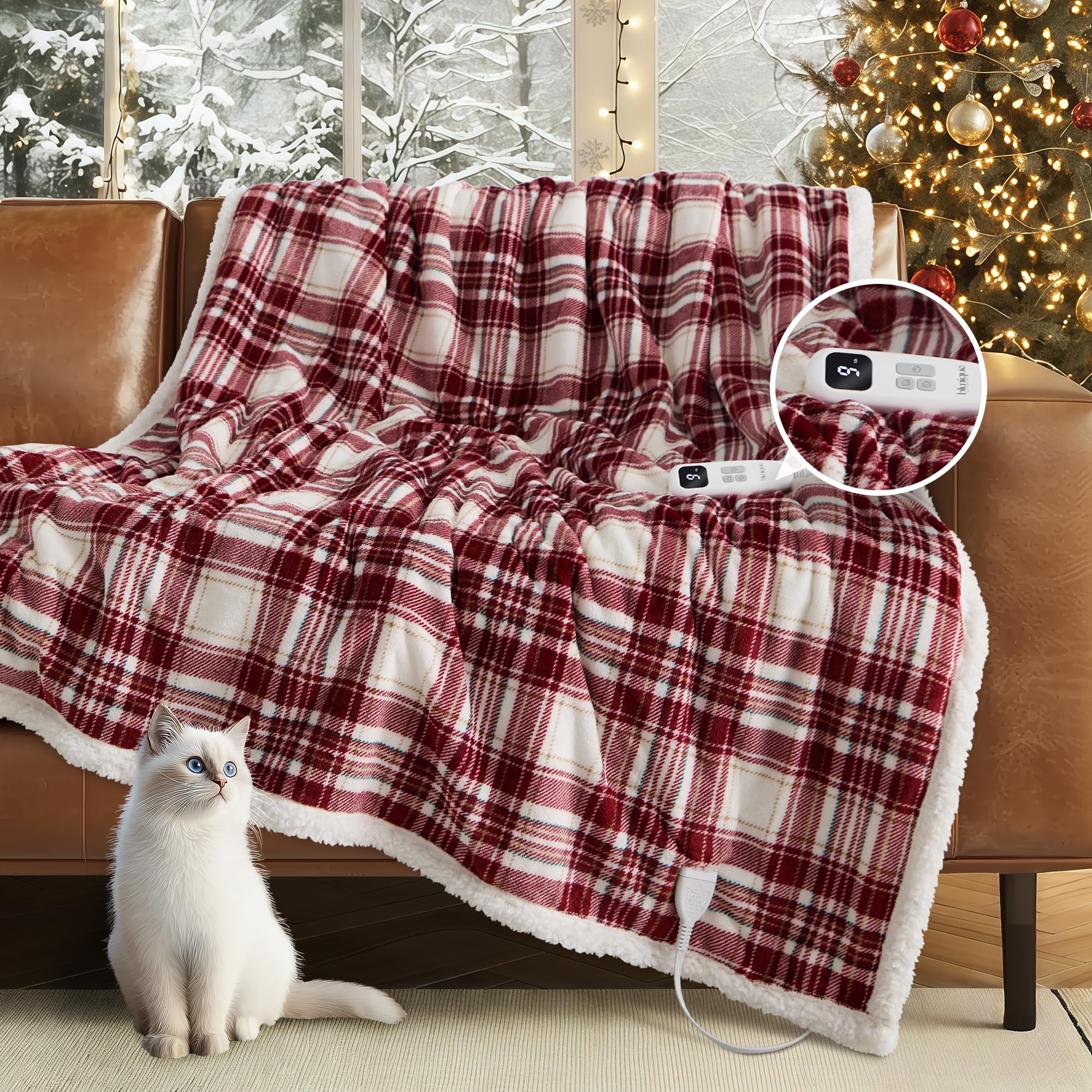 blunique Heated Blanket Electric Throw 50x60Ultra Soft Plaid Flannel Fast Heating Electric Blanket with 10 Heat Levels & 10 
