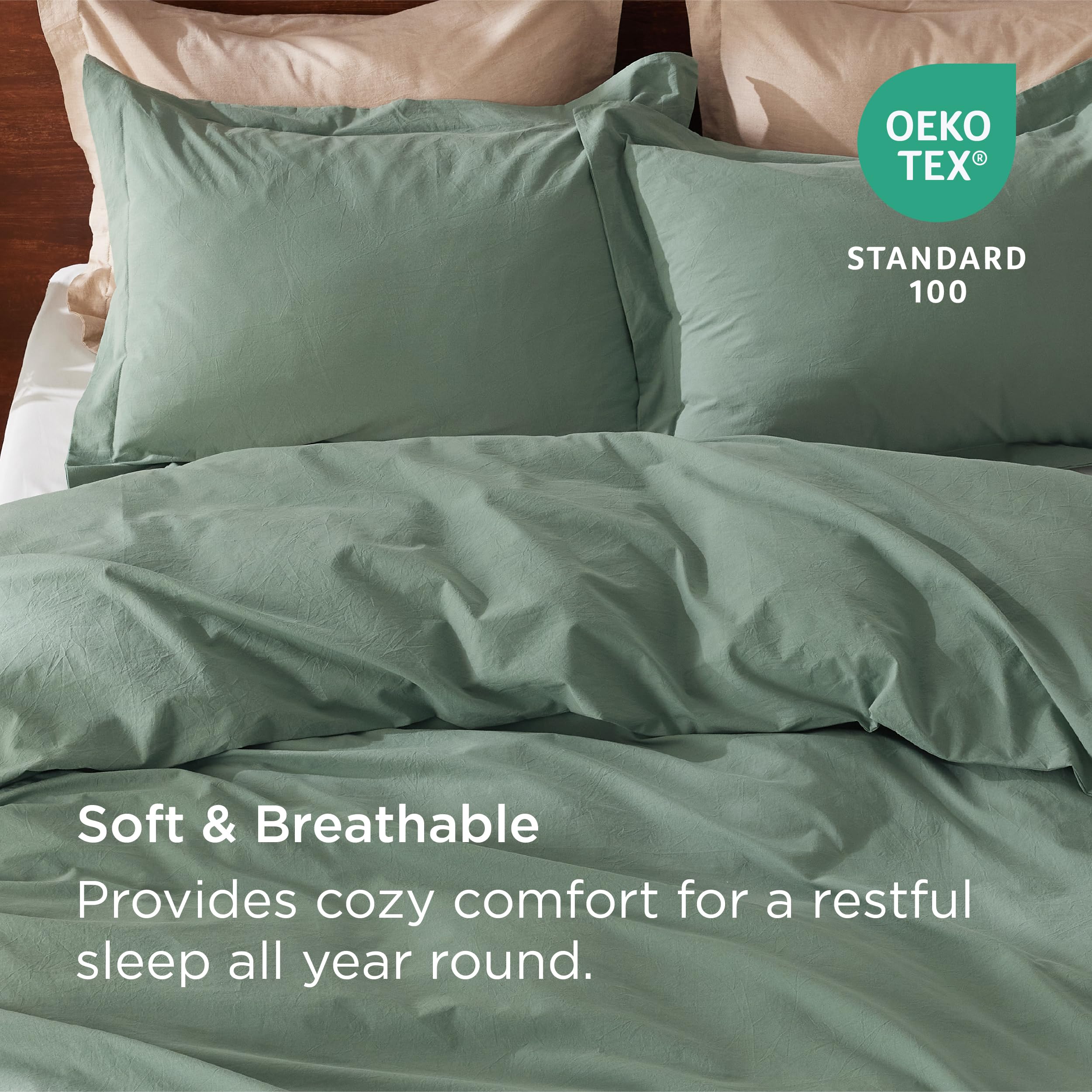 Bedsure 100% Washed Cotton Duvet Cover Queen - Green Minimalist Cotton Duvet Cover Linen Like - 3 Pieces Gentlesoft™ Plain Simple Bedding Set With 2 Pillow Shams (Green, Queen, 90'X90')