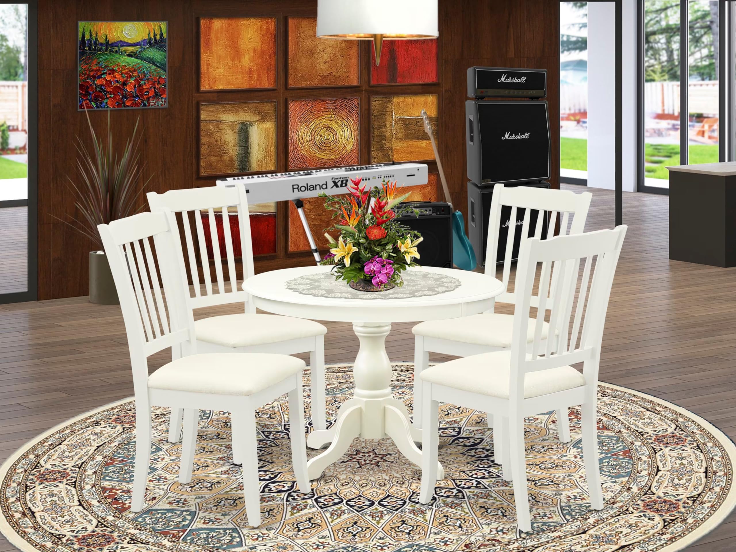 East West Furniture HBDA5-LWH-C 5 Piece Kitchen Table & Chairs Set Includes a Round Dining Room Table with Pedestal and 4 Linen Fabric Upholstered Chairs, 42x42 Inch, Linen White