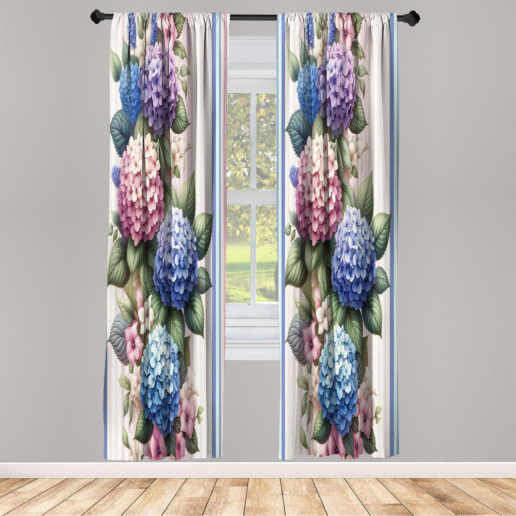 Ambesonne Floral Curtains, Leafy Huddle Of Modern Illustrated Hydrangea On Pastel Striped Back, Window Treatments 2 Panel Set Fo