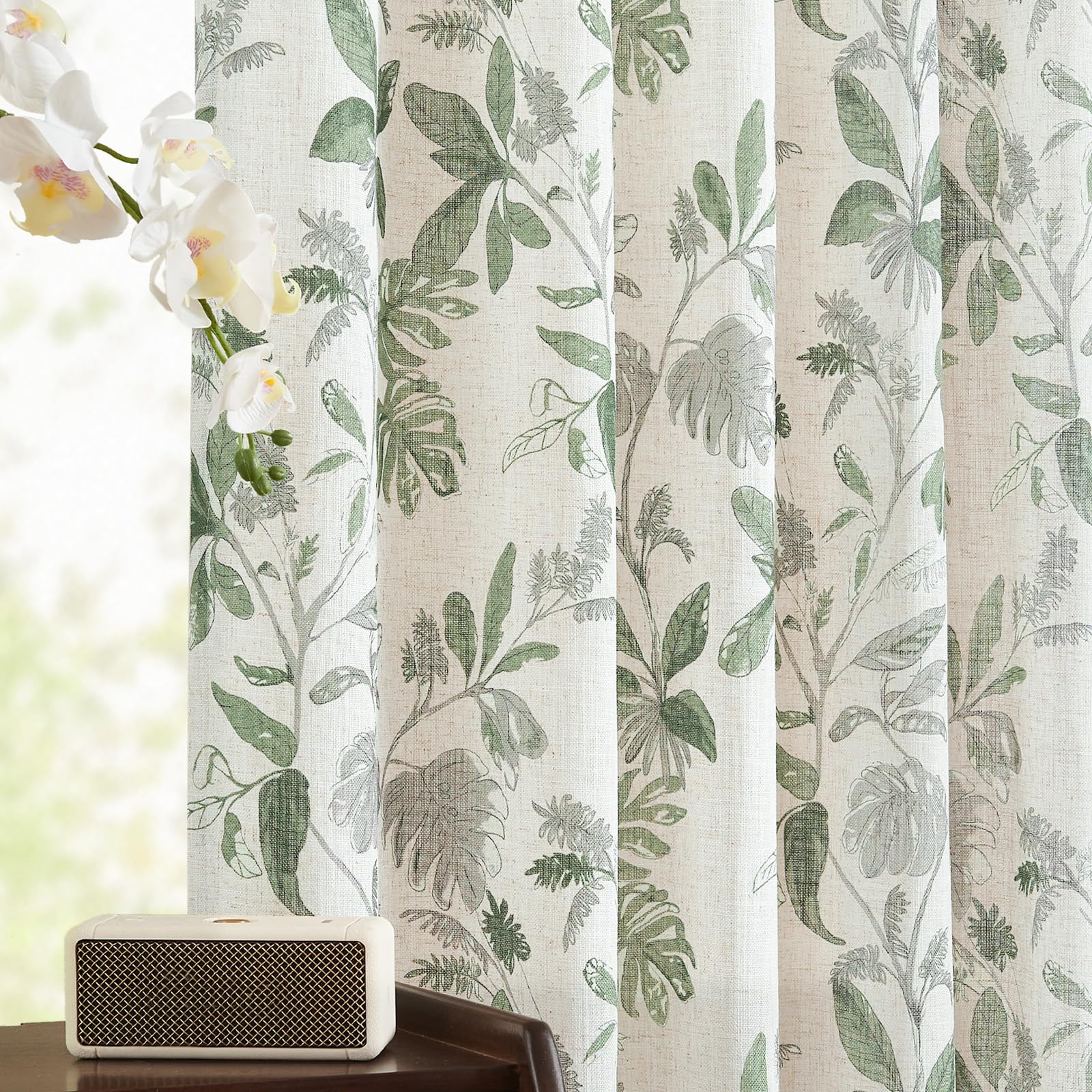 Jinchan Linen Curtains For Living Room 84 Inches Length Tropical Leaf Print Botanical Curtains Flax Farmhouse Country Curtains R