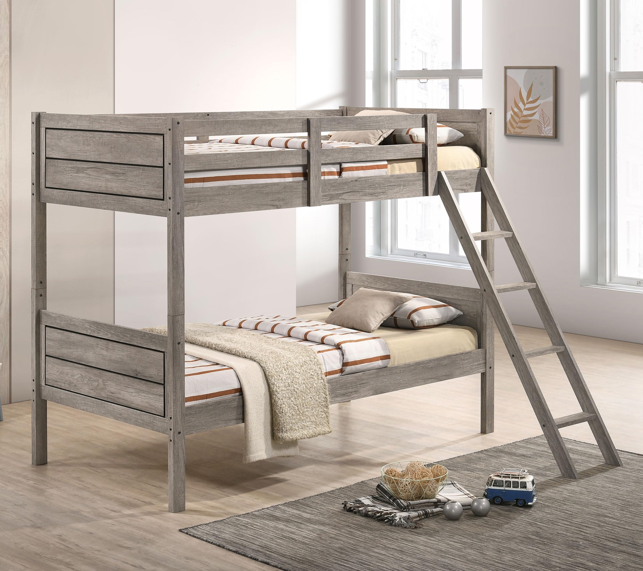 Coaster Home Furnishings Ryder Twin Over Twin Solid Wood Bunk Bed with Guardrail & Ladder, Separates into 2 Individual Beds, Taupe (400818)