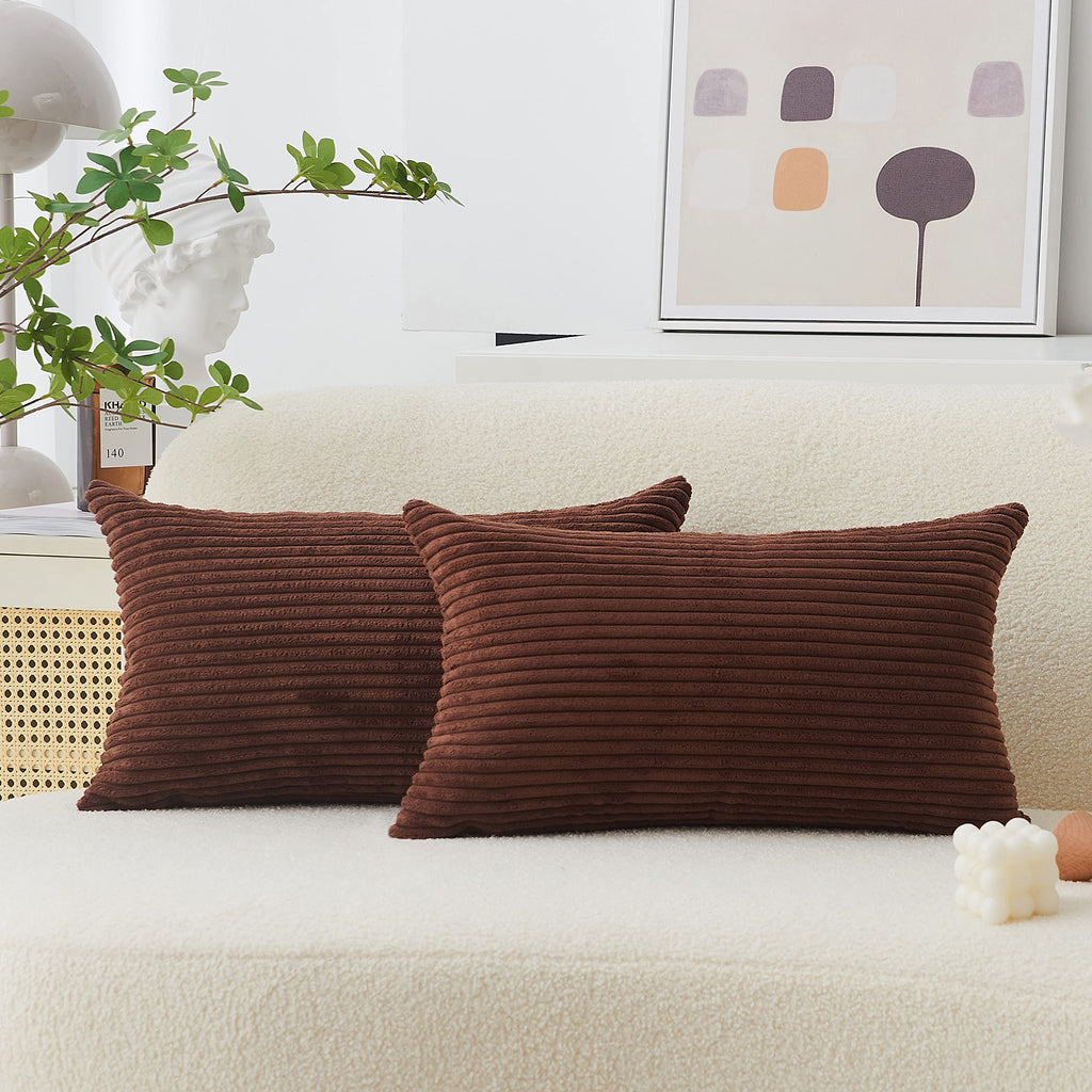 Home Brilliant 12X20 Pillow Cover Set Of 2 Plush Striped Corduroy Velvet Brown Throw Pillows For Couch Sofa Party, 12 X 20 Inch,