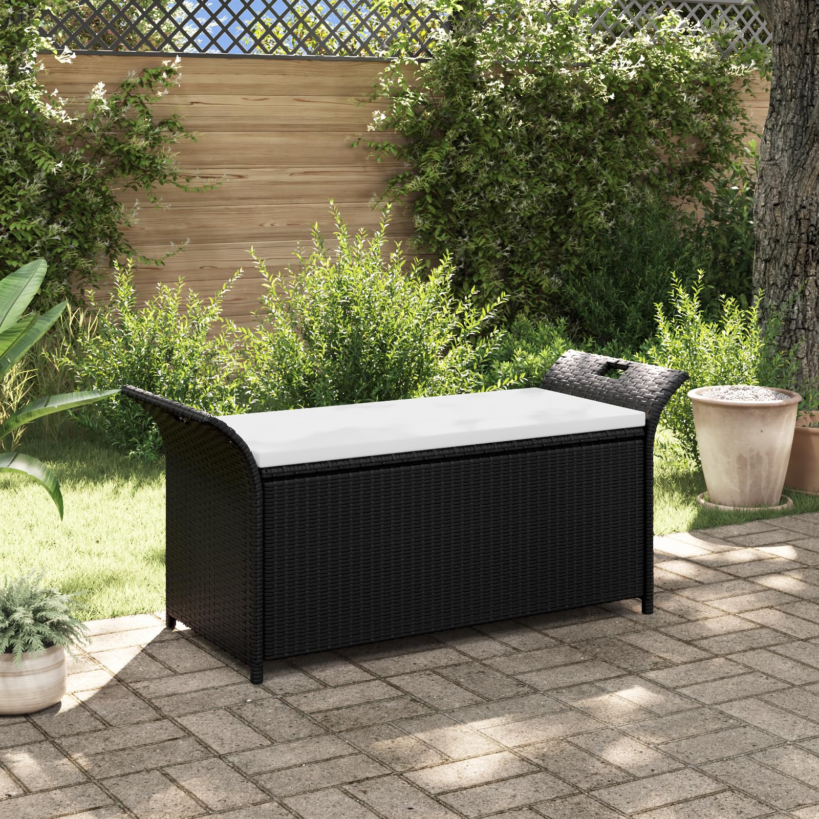 vidaXL Poly Rattan Storage Bench with Cushion, Indoor/Outdoor Ottoman Garden Bench, Waterproof Design, Easy Maintenance, 19.7&quot; x 54.3&quot; x 23.6&quot; Black