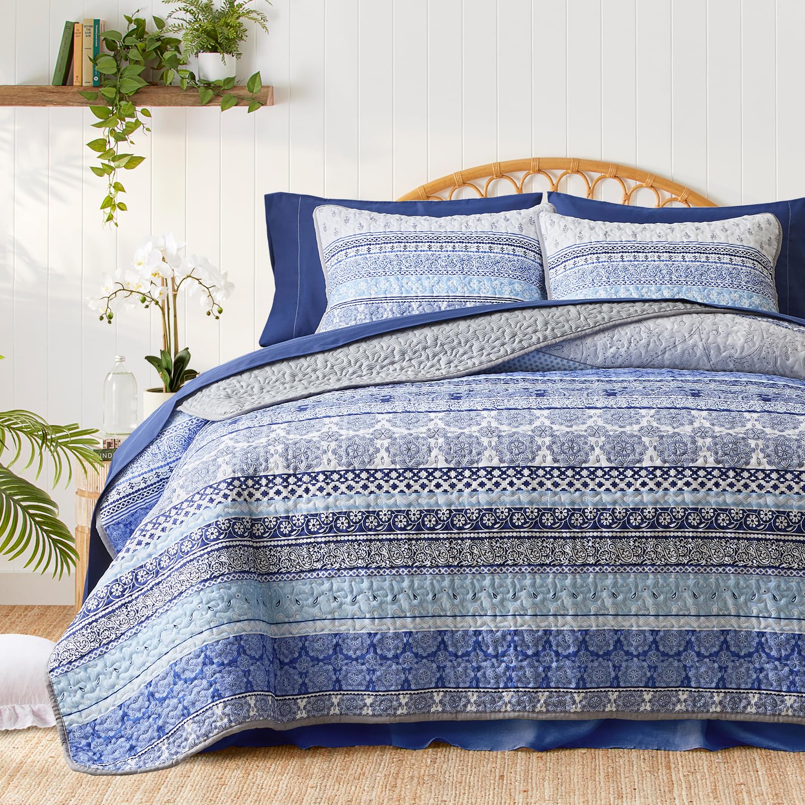 3 Pieces Colorful Bohemian Quilt Set King Size, Blue N Grey Boho Striped Printed Bedding Bedspread Coverlet Set For Summer, Soft