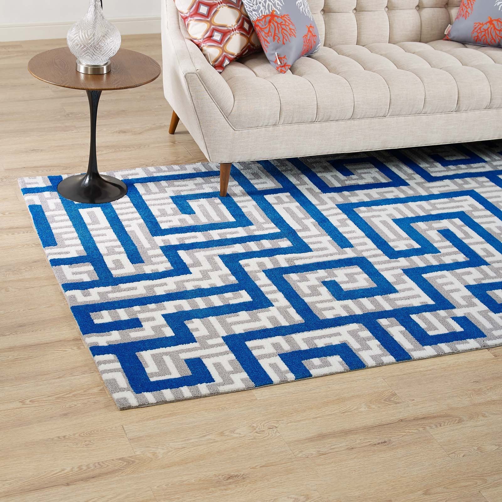 Modway Nahia Geometric Maze 5X8 Area Rug In Ivory, Light Gray And Blue