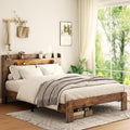 Samtra Wooden Queen Size Bed Frame With Storage Headboard, Farmhouse Platform Bedframe With Charging Station & Led Lights, Sturdy Wood Slat Framework, Easy Assembly (Rustic Brown Led)