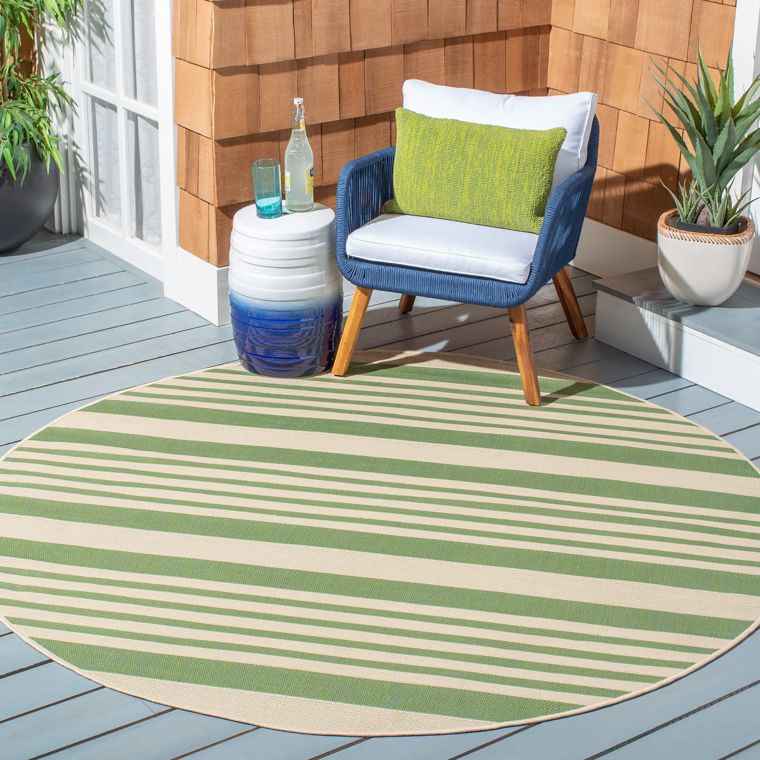 Safavieh Courtyard Collection 5'3'' Round Green/Beige Cy6062 Stripe Indoor/ Outside Waterproof Easy Cleansingpatio Backyard Mudr