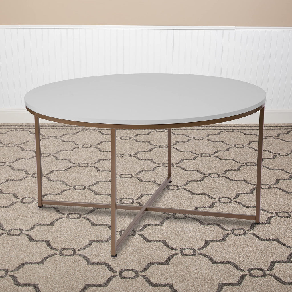 Flash Furniture Hampstead Collection Coffee Table - Modern White Finish Coffee Table - Crisscross Brushed Gold Frame