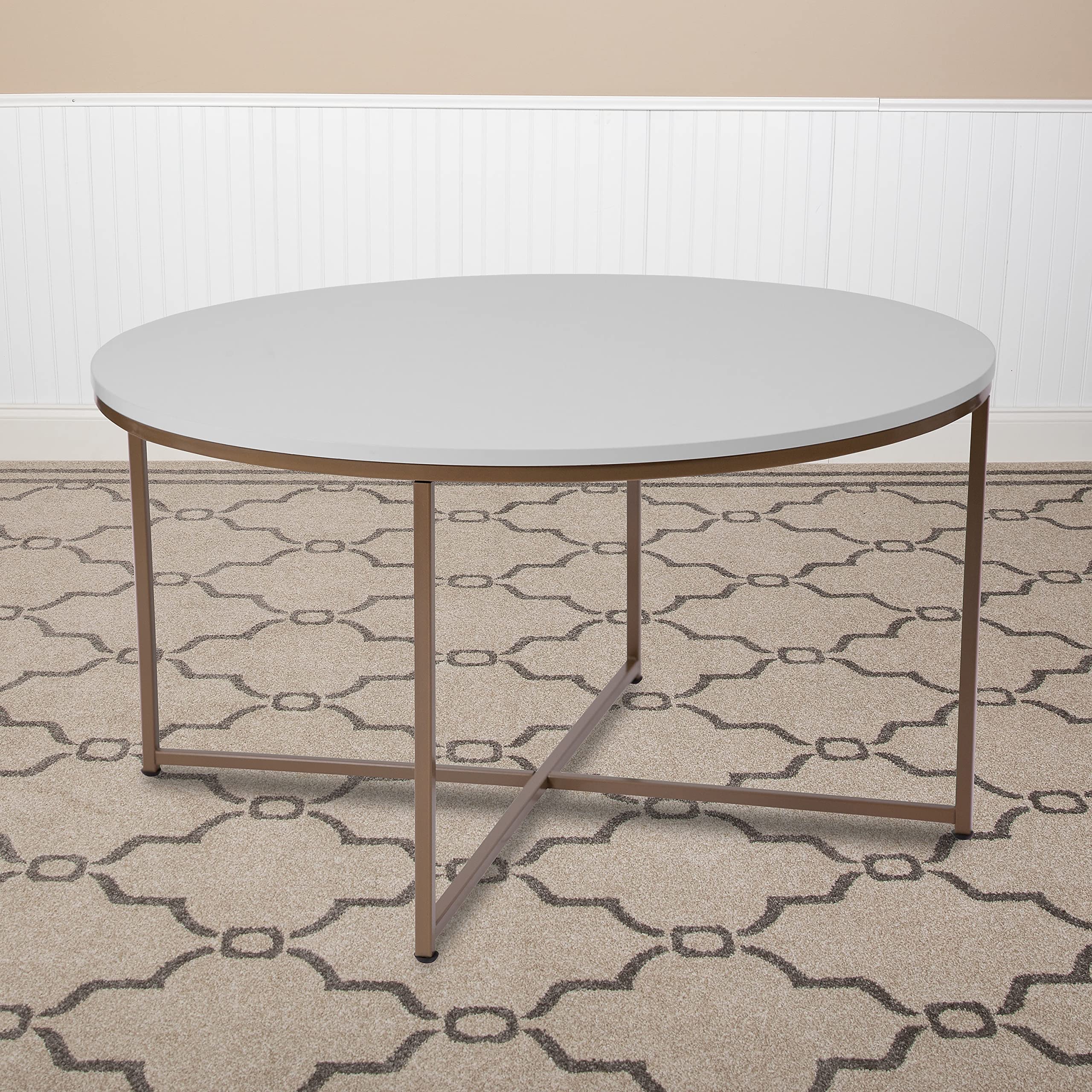 Flash Furniture Hampstead Collection Coffee Table - Modern White Finish Coffee Table - Crisscross Brushed Gold Frame