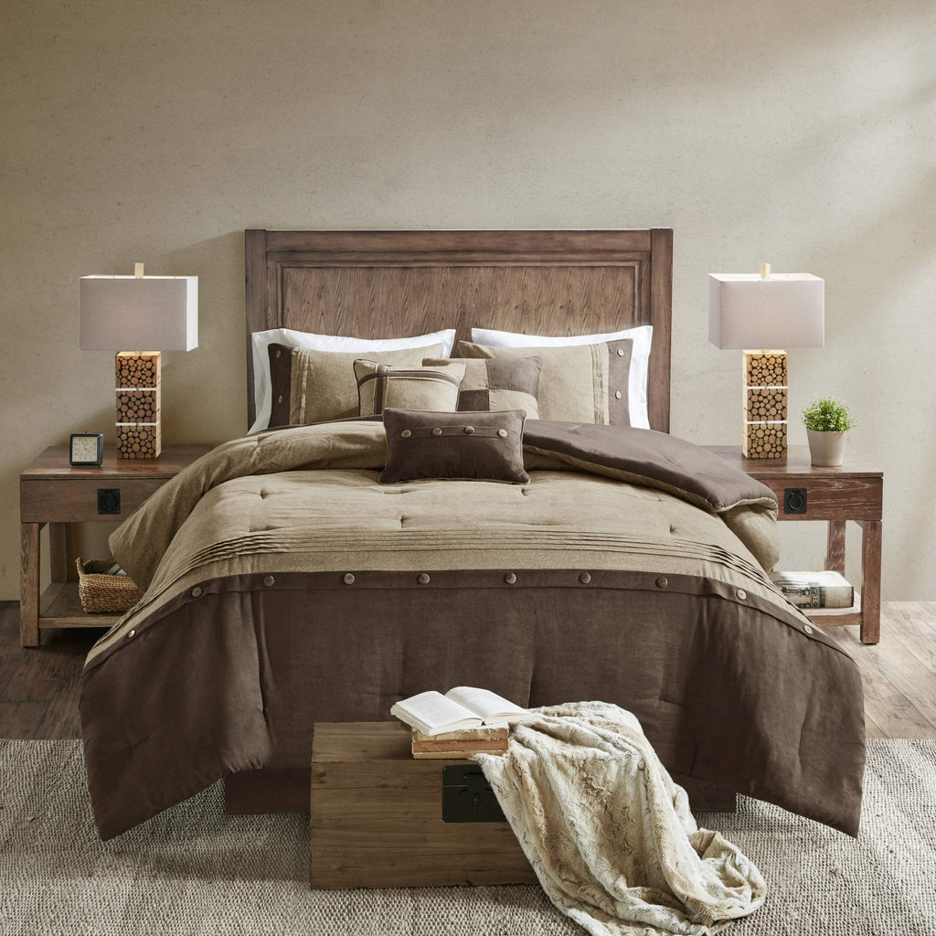 Madison Park Boone Cozy Comforter Set, Faux Suede, Deluxe Hotel Styling All Season Down Alternative Bedding Matching Shams, Decorative Pillow, California King (104 In X 92In), Rustic Brown 7 Piece