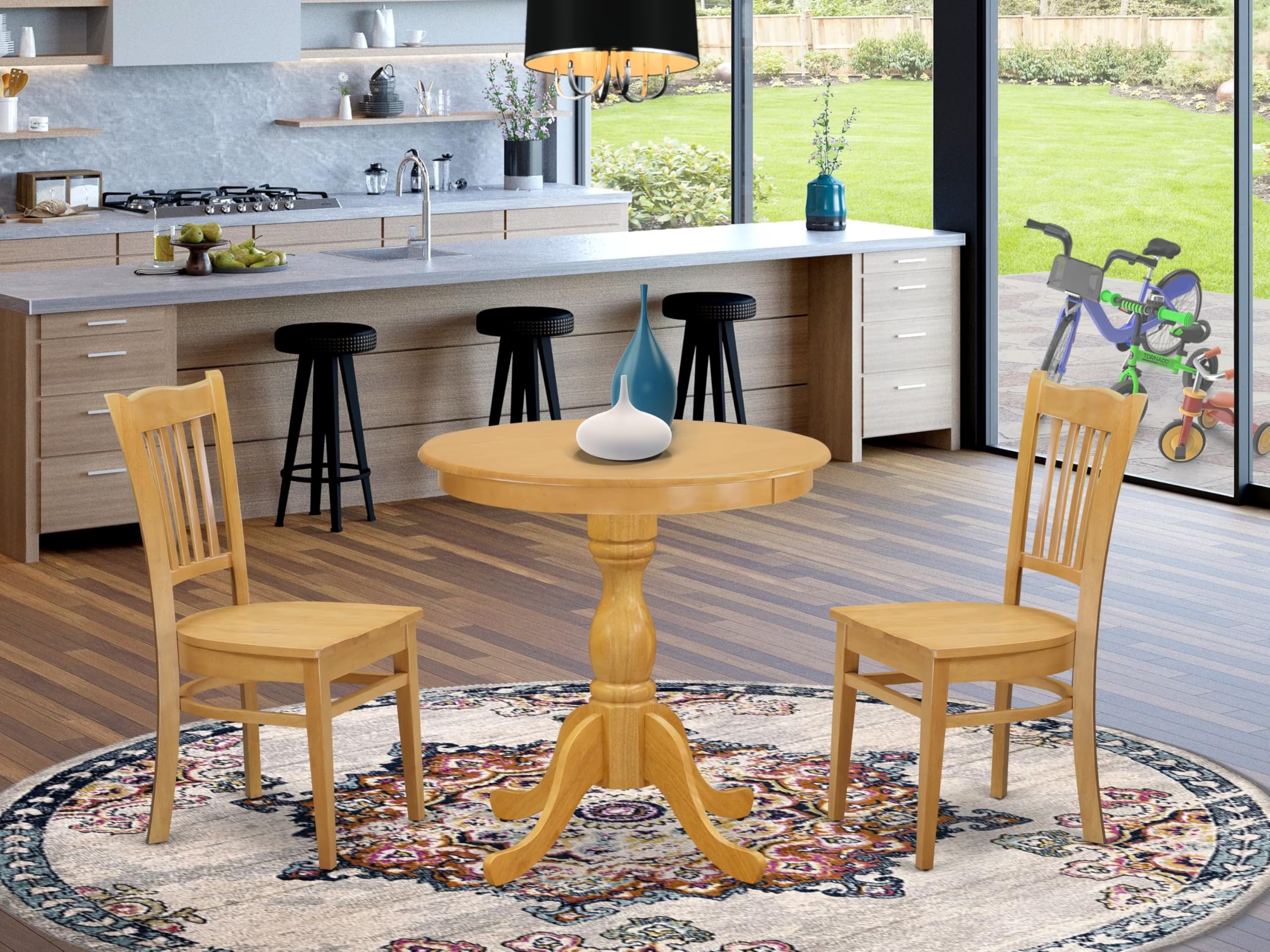 East West Furniture Esgr3-Oak-W 3 Piece Dining Room Furniture Set Contains A Round Kitchen Table With Pedestal And 2 Dining Chairs, 30X30 Inch, Oak