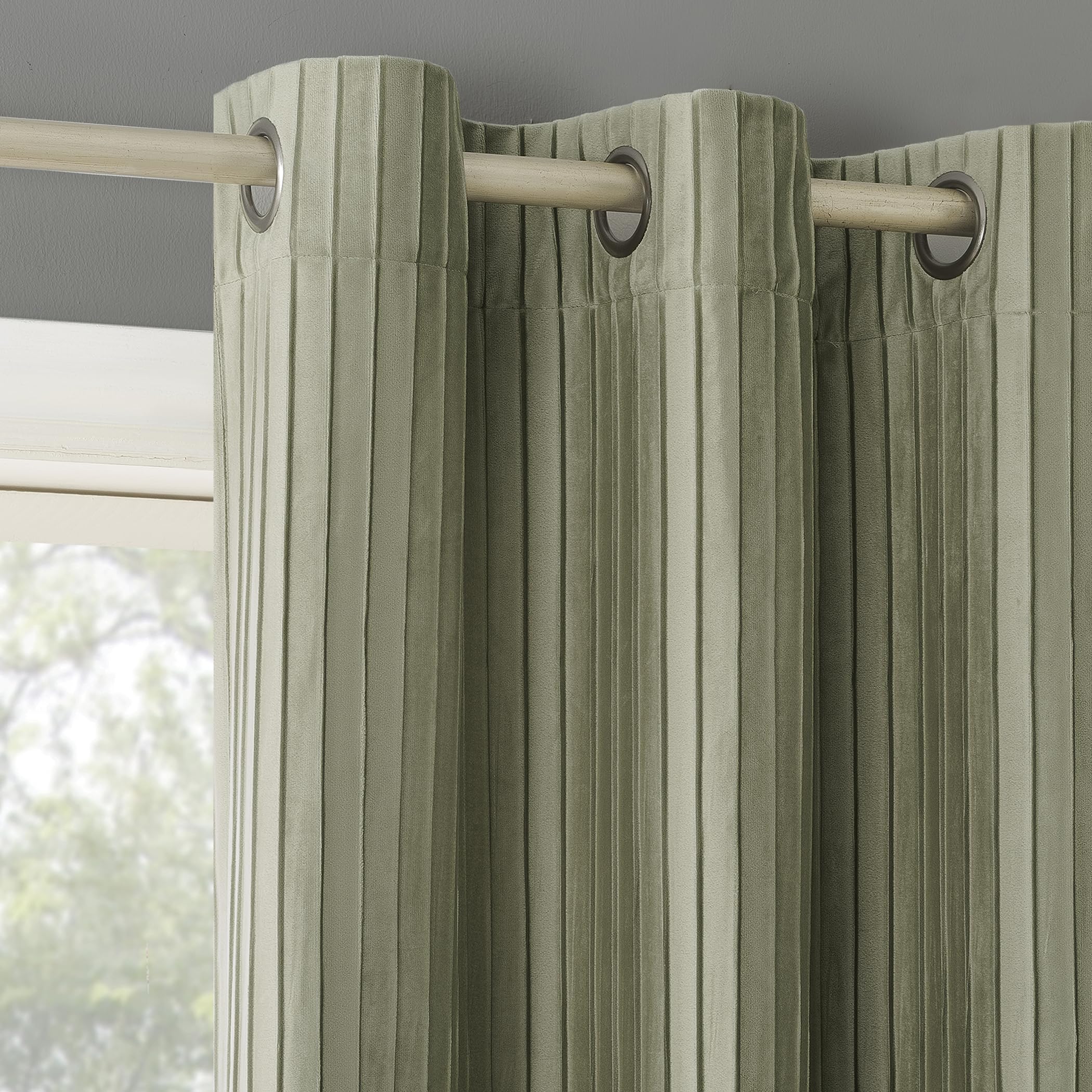 Sun Zero Scarlett 2-Pack Pleated Velvet Noise Reducing Blackout Grommet Curtain Panel Pair, 40 x 84, Sage Green