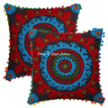 Stylo Culture Decorative Cotton Cushion Covers 16X16 Inch Suzani Embroidered Pom Pom Lace Black & Red Drawing Room Decor Floral