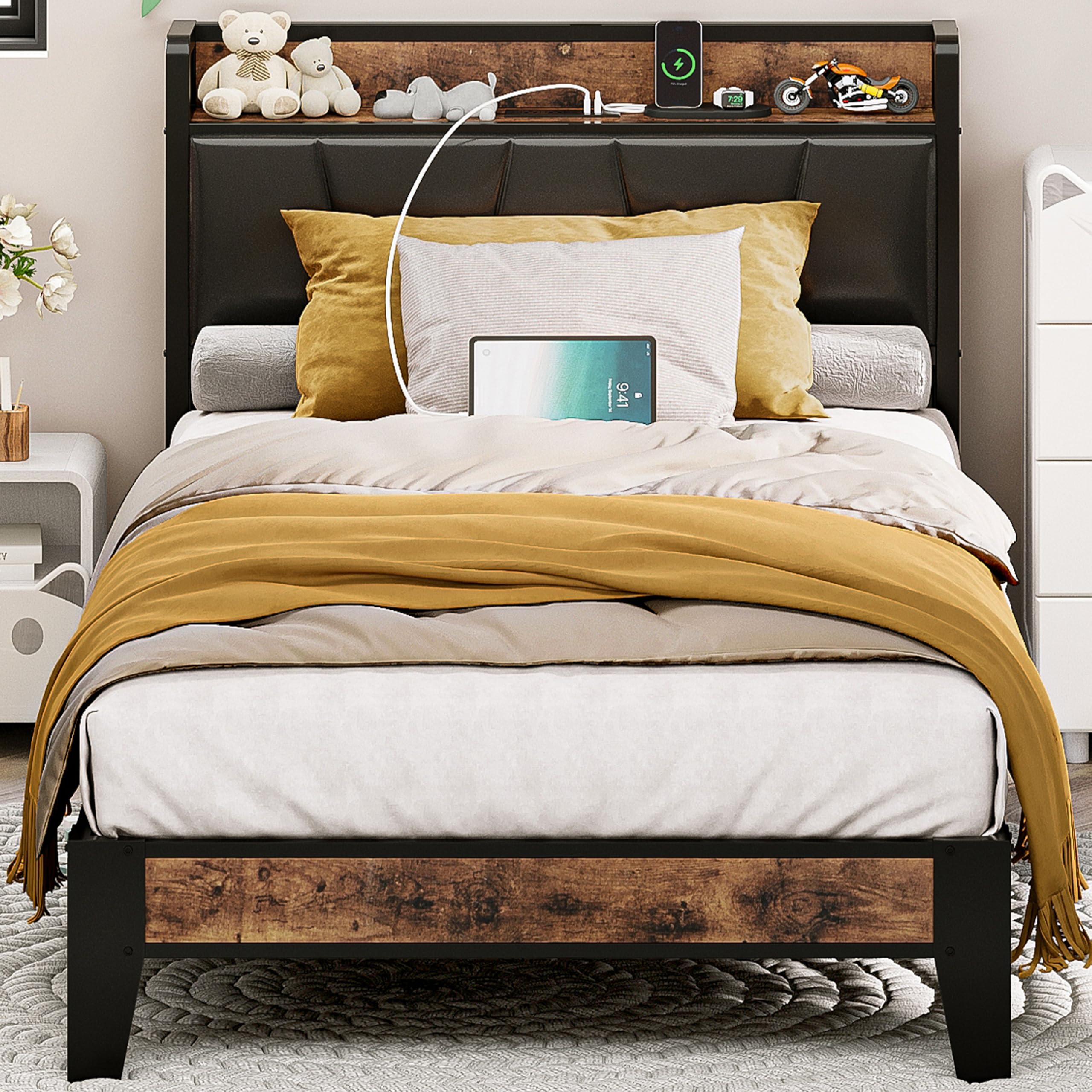 LIKIMIO Twin Bed Frame, Storage Headboard with Charging Station, Solid and Stable, Noise Free, No Box Spring Needed, Easy Assemb