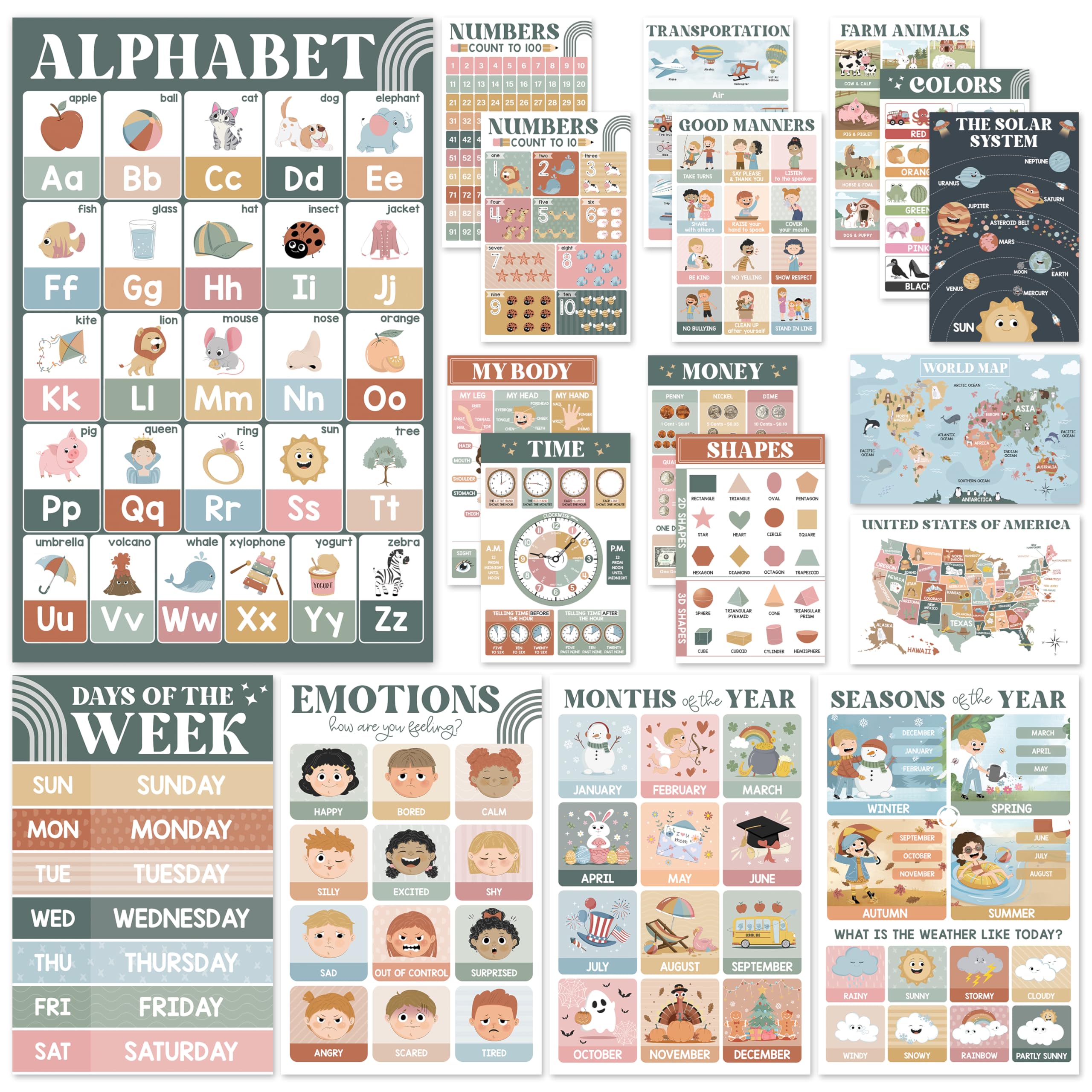 18 Modern Boho Pre K Educational Posters For Preschoolers, Laminated Kindergarten Learning Posters For Toddlers 1-3, Homeschool